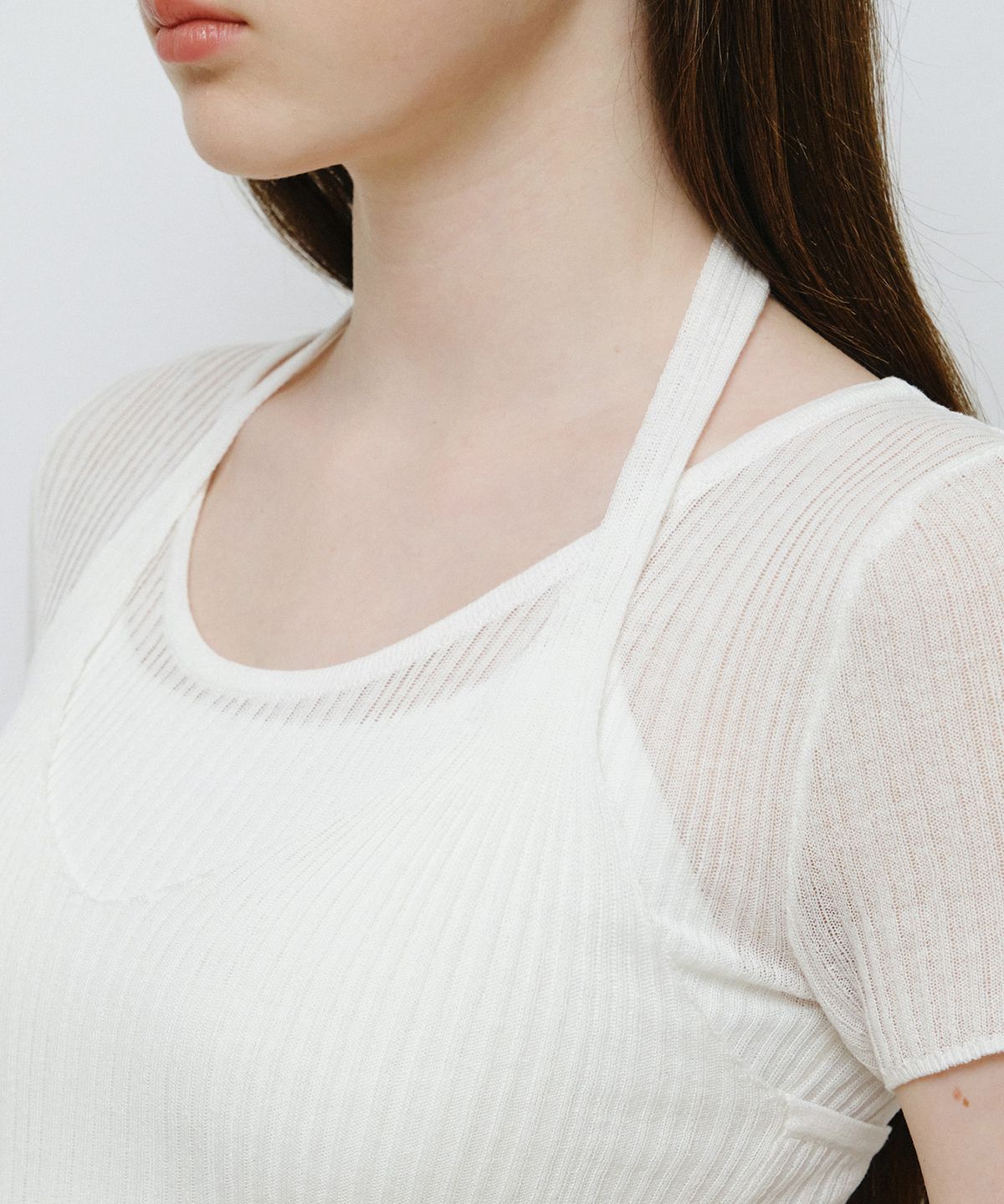 몽돌(MONGDOL) [SET] 골지 홀터넥 나시 & 반팔 니트 화이트 MDKT129WHITE