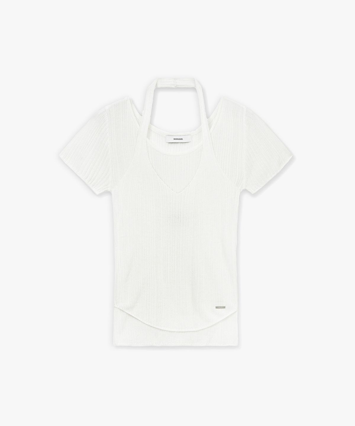 몽돌(MONGDOL) [SET] 골지 홀터넥 나시 & 반팔 니트 화이트 MDKT129WHITE