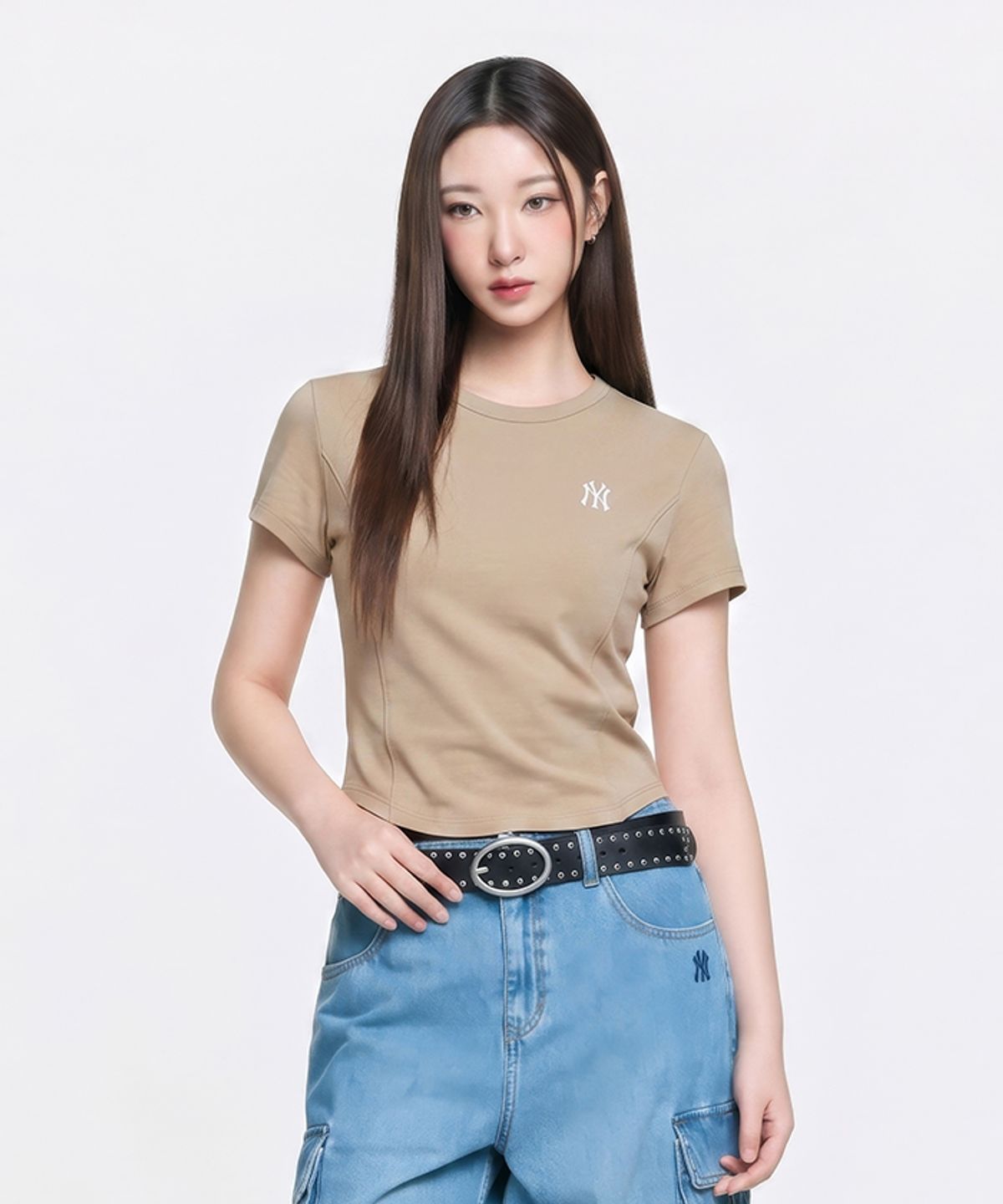 엠엘비(MLB) 여성 슬림 크롭핏 캡소매 반팔 티셔츠 NY (Mg.Sand)