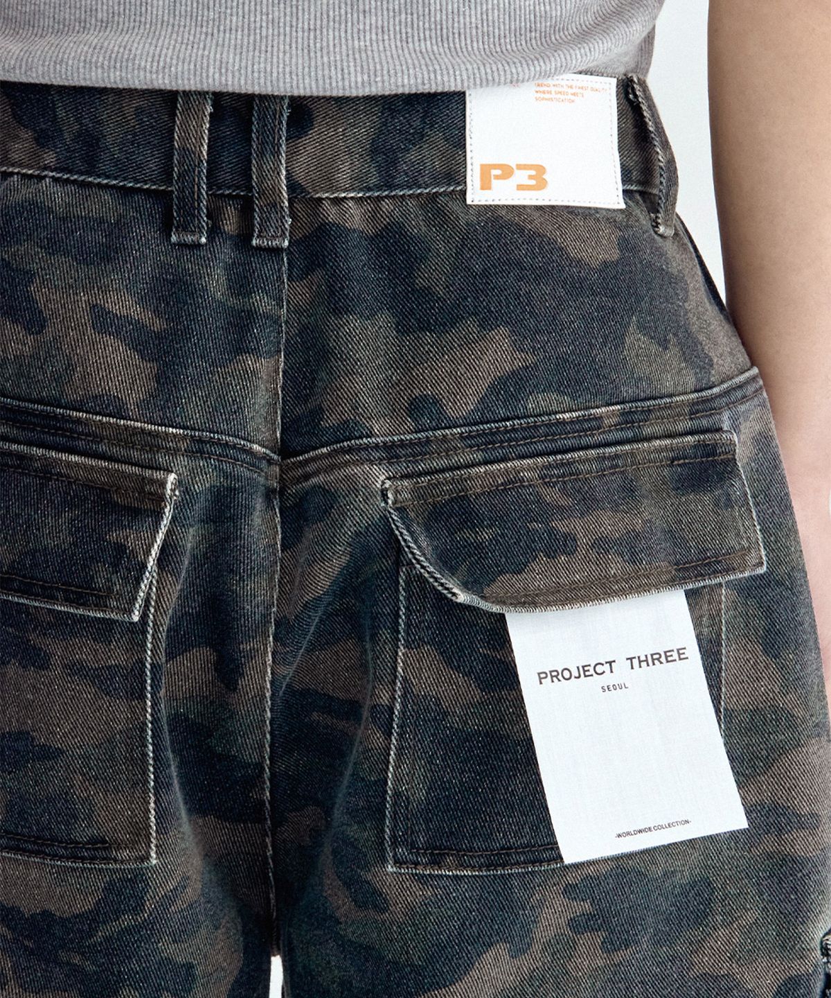 프로젝트쓰리(PROJECT3) 어반 와이드 카고 데님팬츠[DARK CAMO]_CG1981