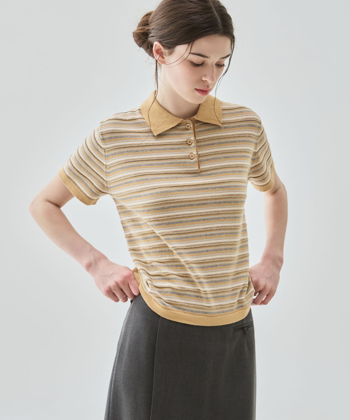 드로우핏 우먼(DRAWFIT WOMEN) 코튼 스트라이프 반팔 카라 니트 [BEIGE]