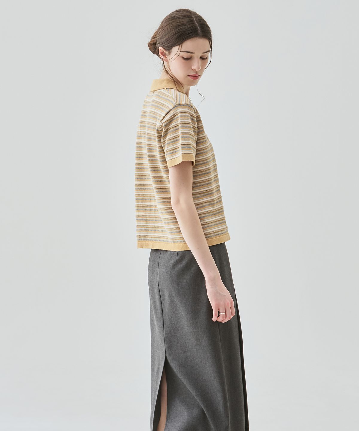 드로우핏 우먼(DRAWFIT WOMEN) 코튼 스트라이프 반팔 카라 니트 [BEIGE]