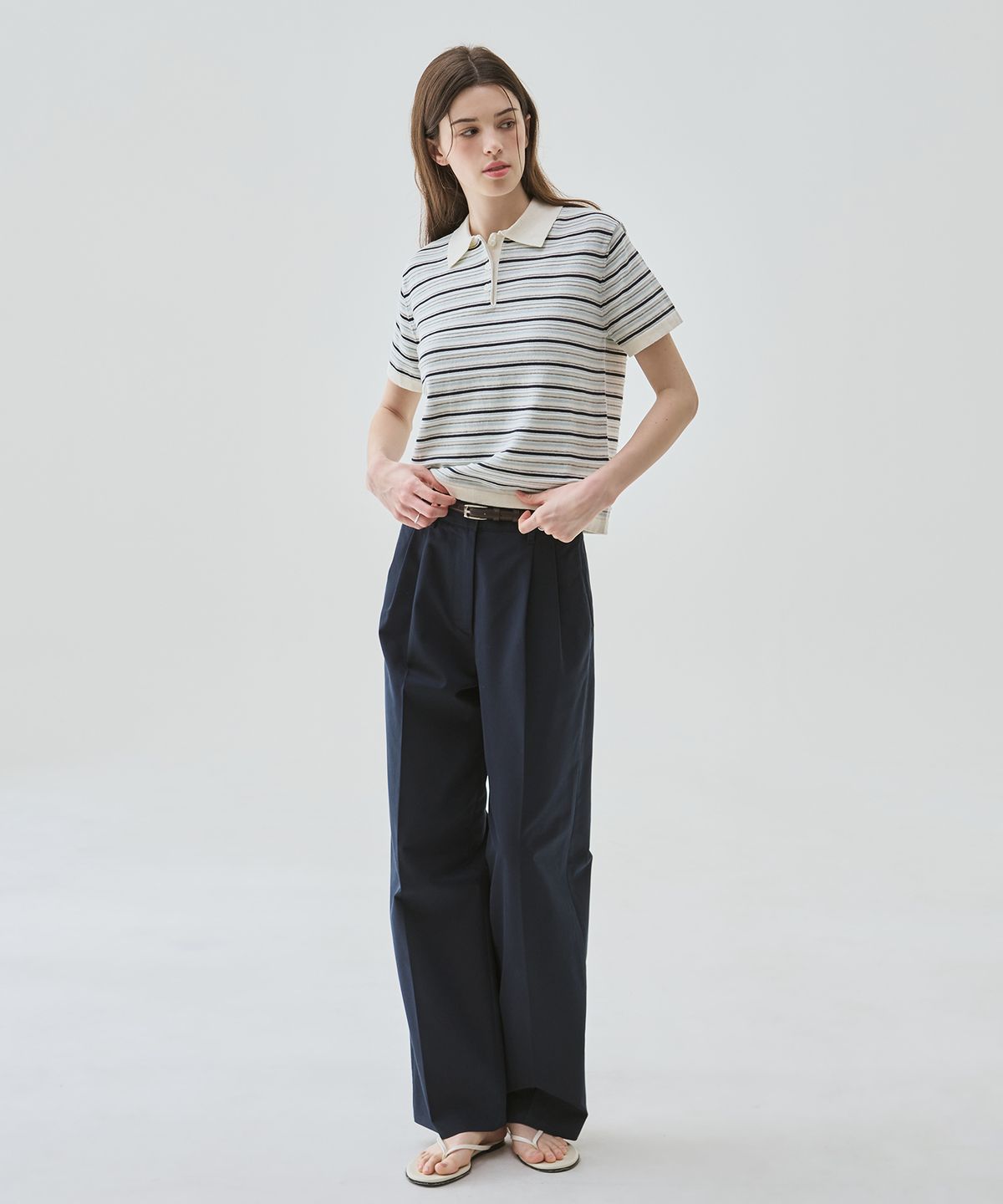 드로우핏 우먼(DRAWFIT WOMEN) 코튼 스트라이프 반팔 카라 니트 [BEIGE]