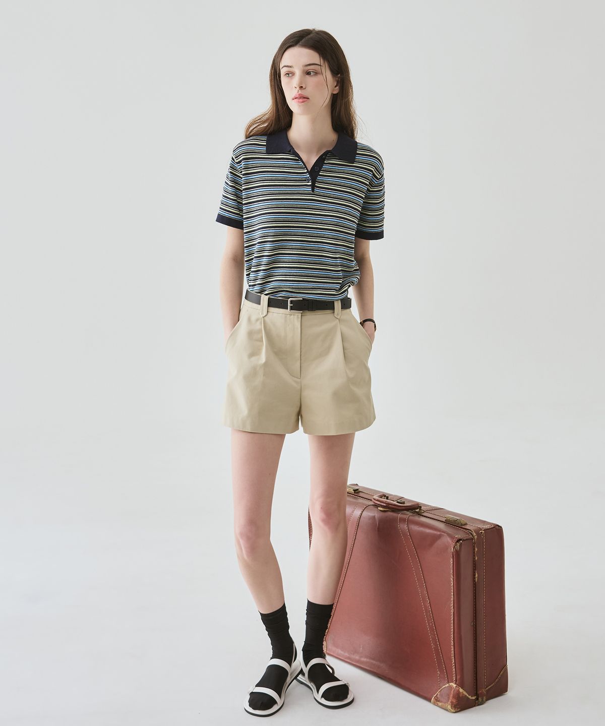 드로우핏 우먼(DRAWFIT WOMEN) 코튼 스트라이프 반팔 카라 니트 [BEIGE]