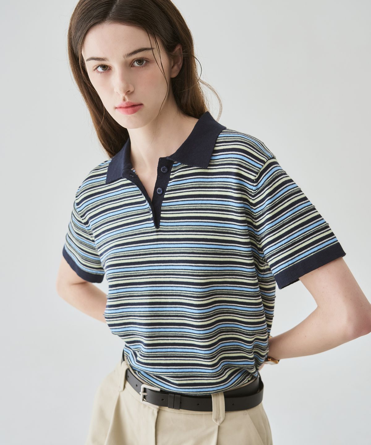 드로우핏 우먼(DRAWFIT WOMEN) 코튼 스트라이프 반팔 카라 니트 [BEIGE]
