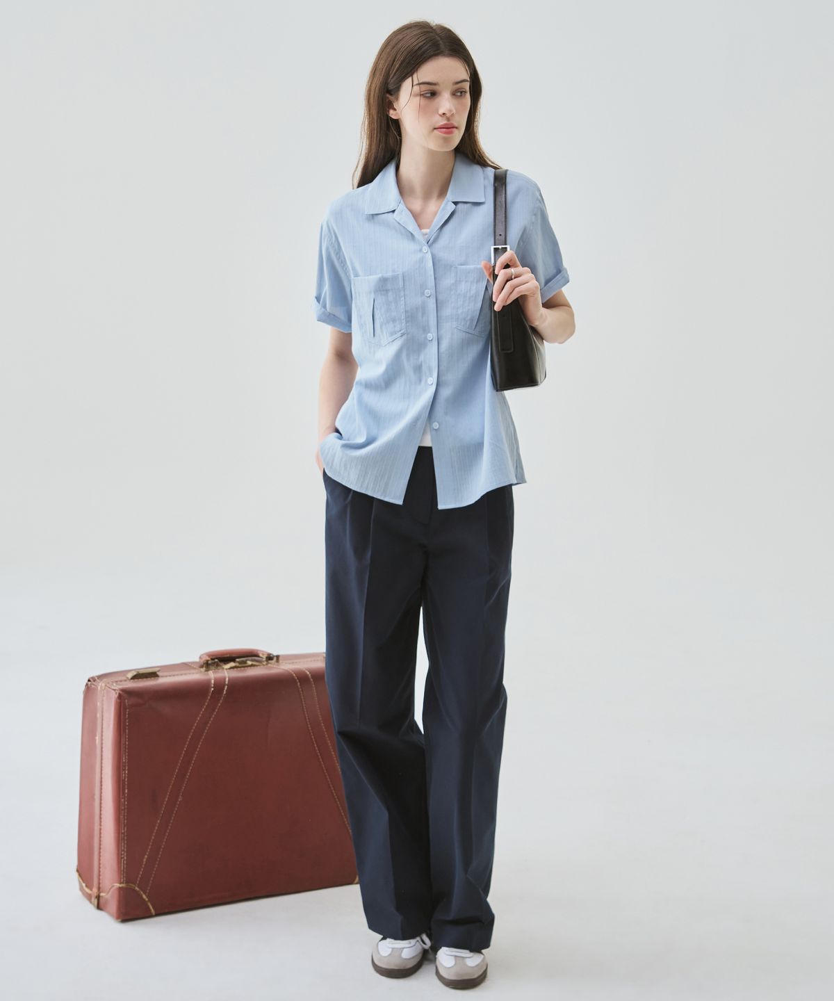 드로우핏 우먼(DRAWFIT WOMEN) 스트라이프 스탠다드 오픈 카라 반팔 셔츠 [SKY BLUE]