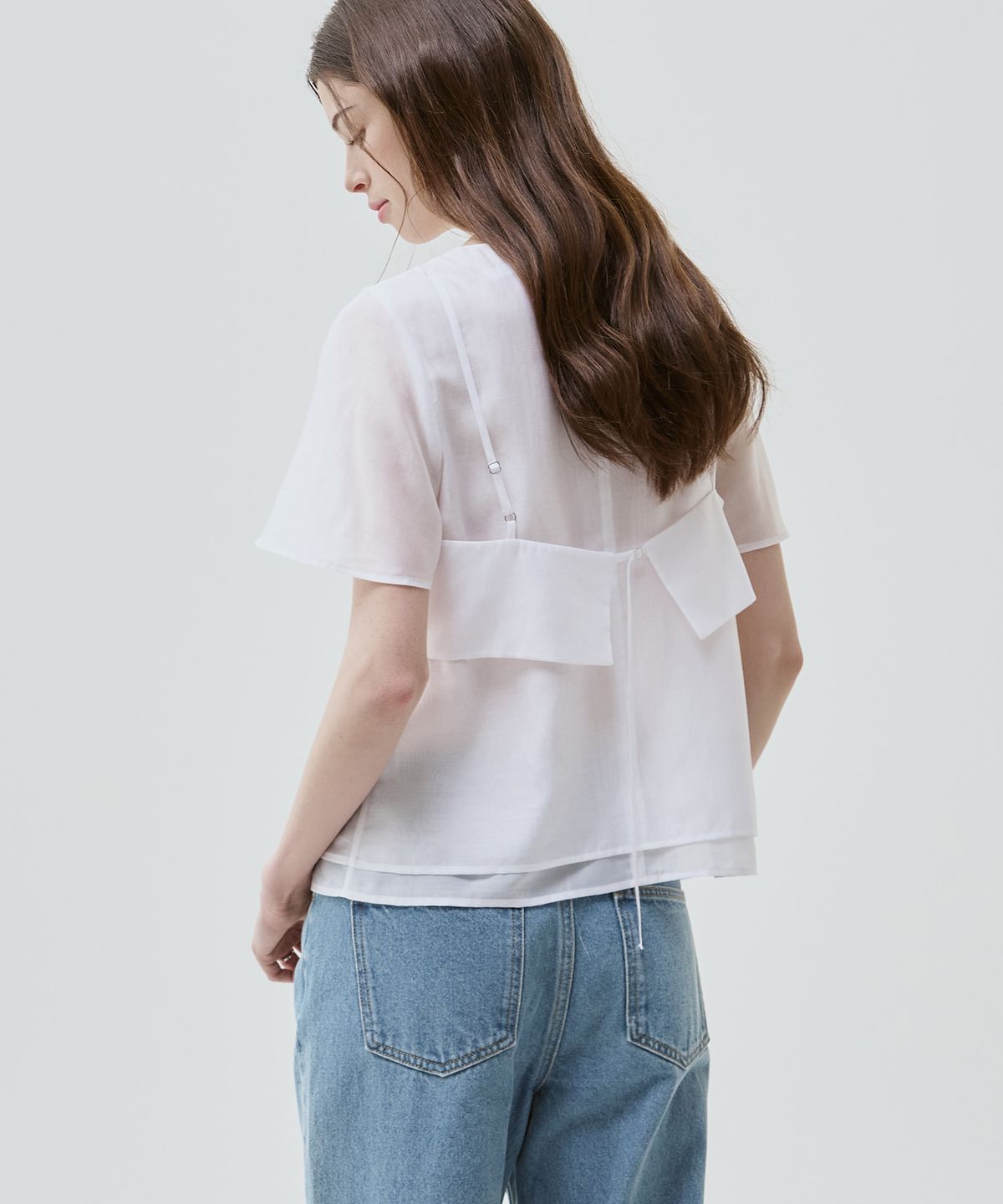 드로우핏 우먼(DRAWFIT WOMEN) [드로우핏우먼 X 꾸니] 시어 레이어 뷔스티에 블라우스 [CREAM YELLOW]