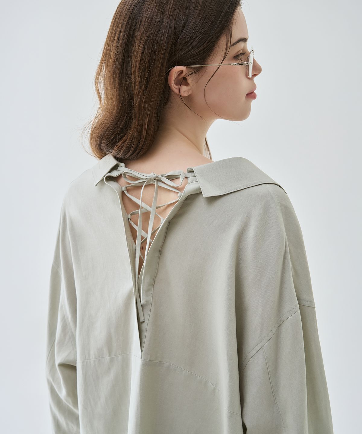 드로우핏 우먼(DRAWFIT WOMEN) 린넨 레이스업 포켓 셔츠 [MINT]