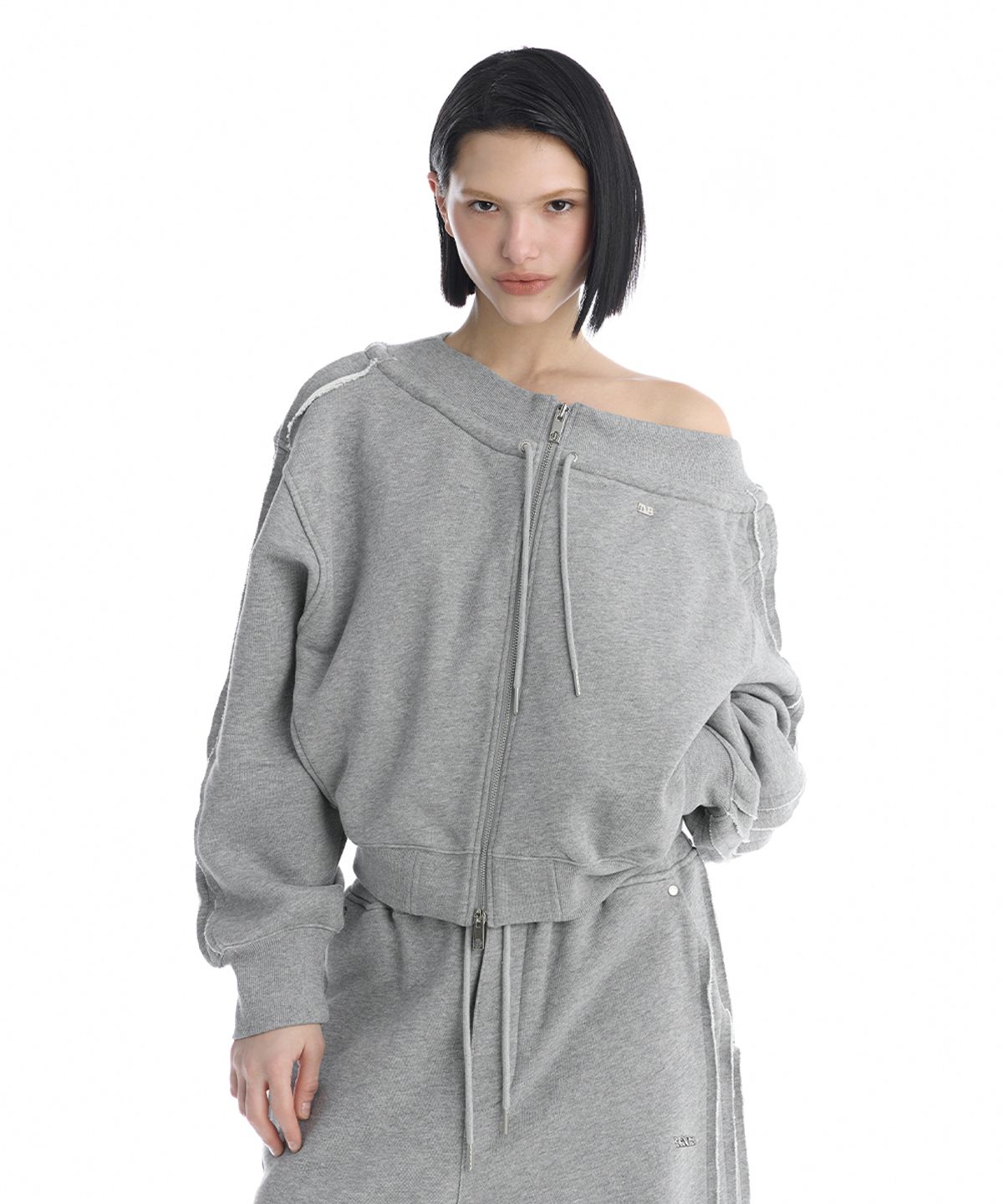 트리밍버드(TREEMINGBIRD) TMB Off-Shoulder Sweat Set-Up Zip-Up [ Melange Gray ]