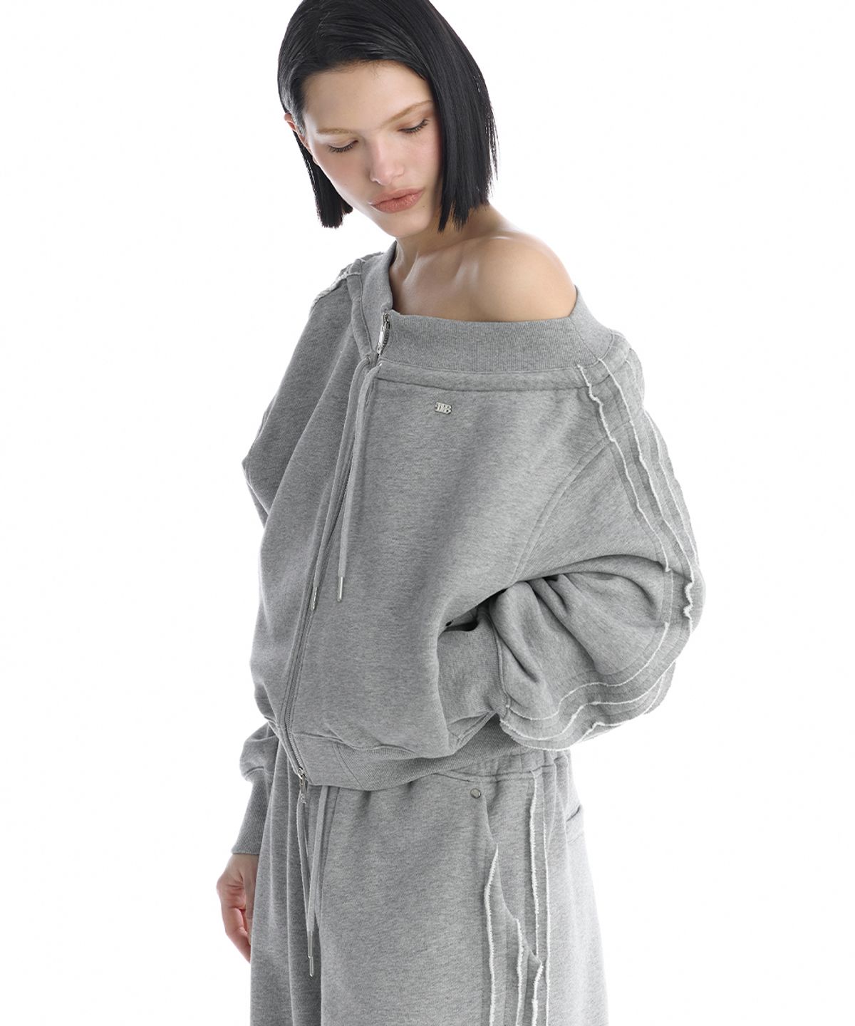 트리밍버드(TREEMINGBIRD) TMB Off-Shoulder Sweat Set-Up Zip-Up [ Melange Gray ]