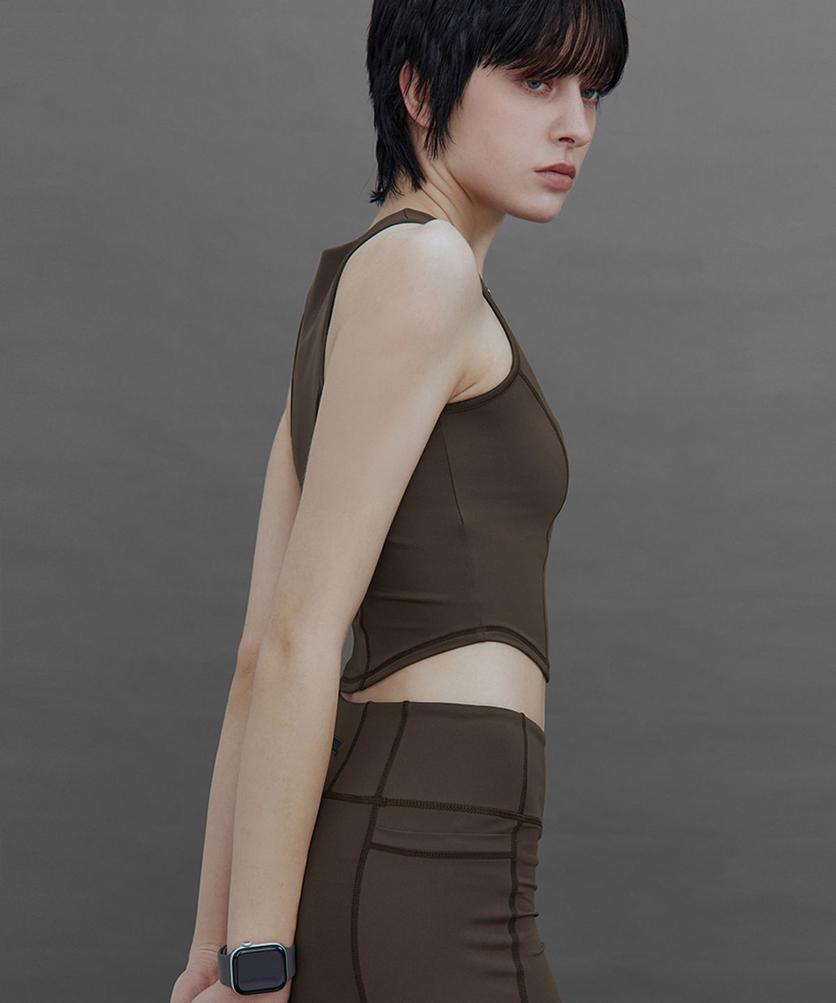 트리밍버드(TREEMINGBIRD) TMB Active Dual-Zip Cropped Tank Top [ Brown ]