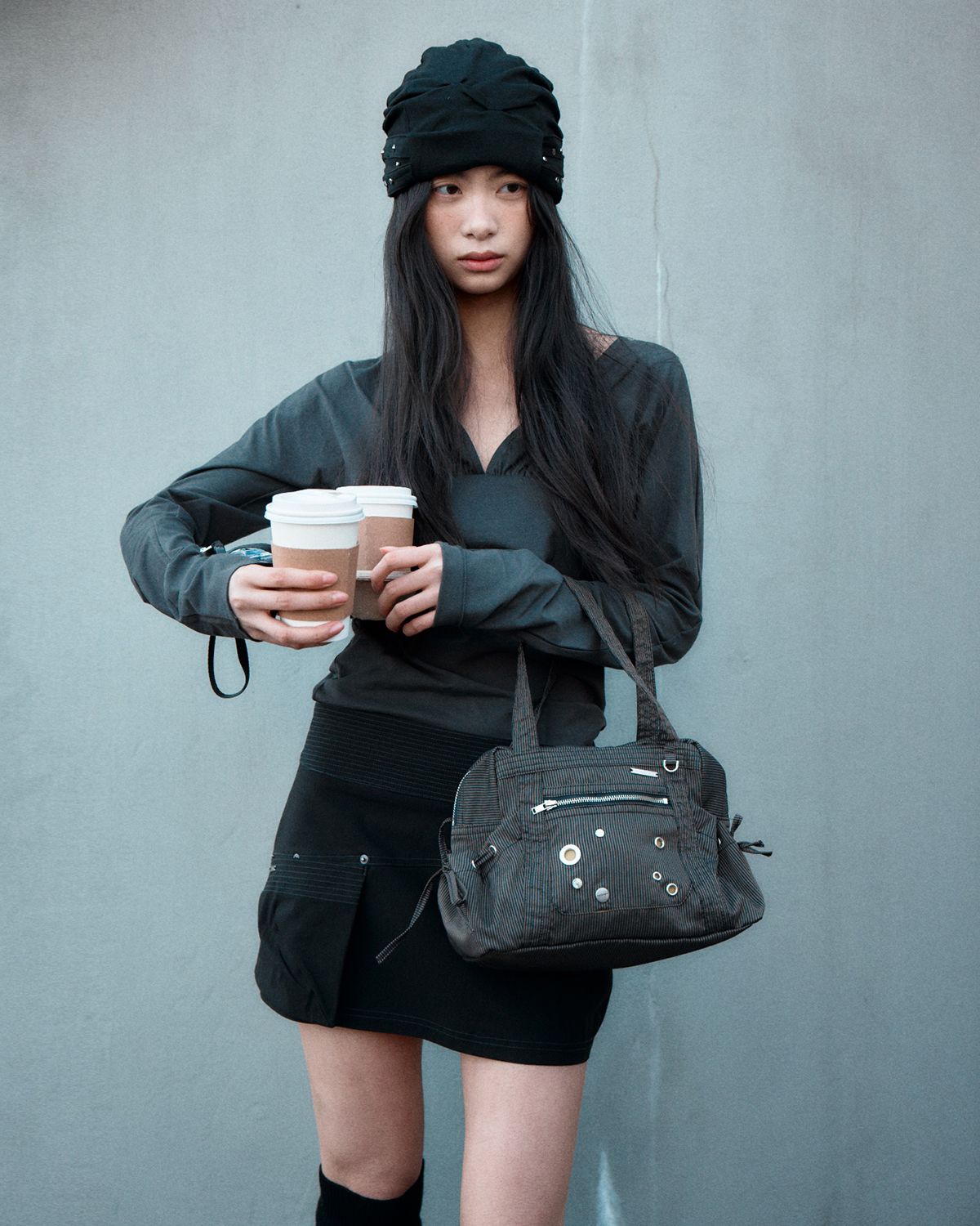 여밈(YEOMIM) [×미세키서울] stud shirring band beanie (black)