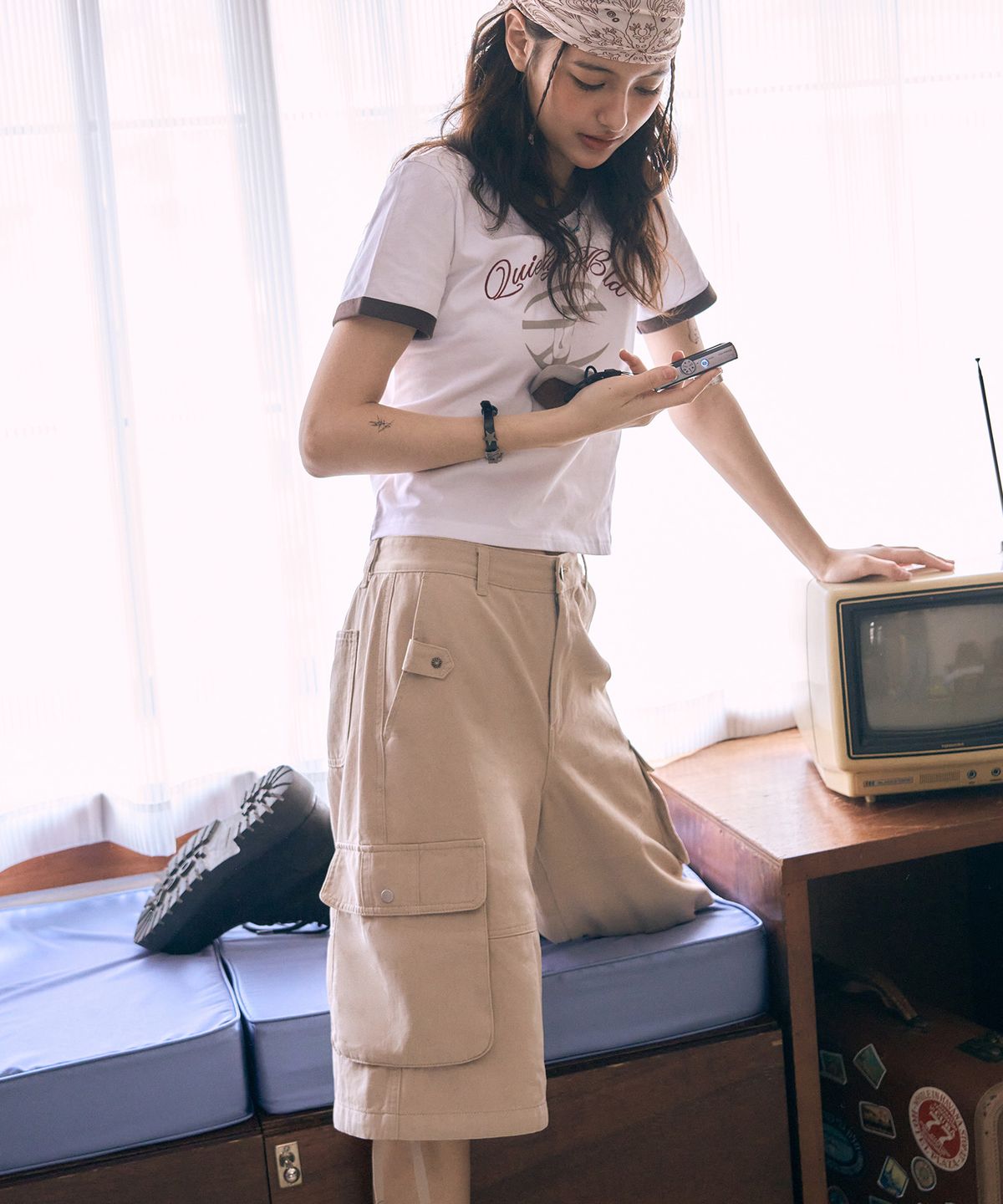레더리(LEATHERY) 스터드 코튼 카고 버뮤다 팬츠 [2COLOR]