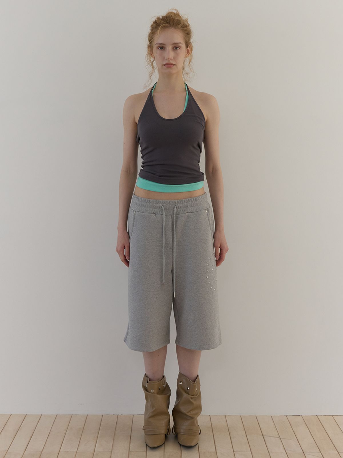 아수라(ASURA) STUD JERSEY BERMUDA PANTS (MELANGE GREY)
