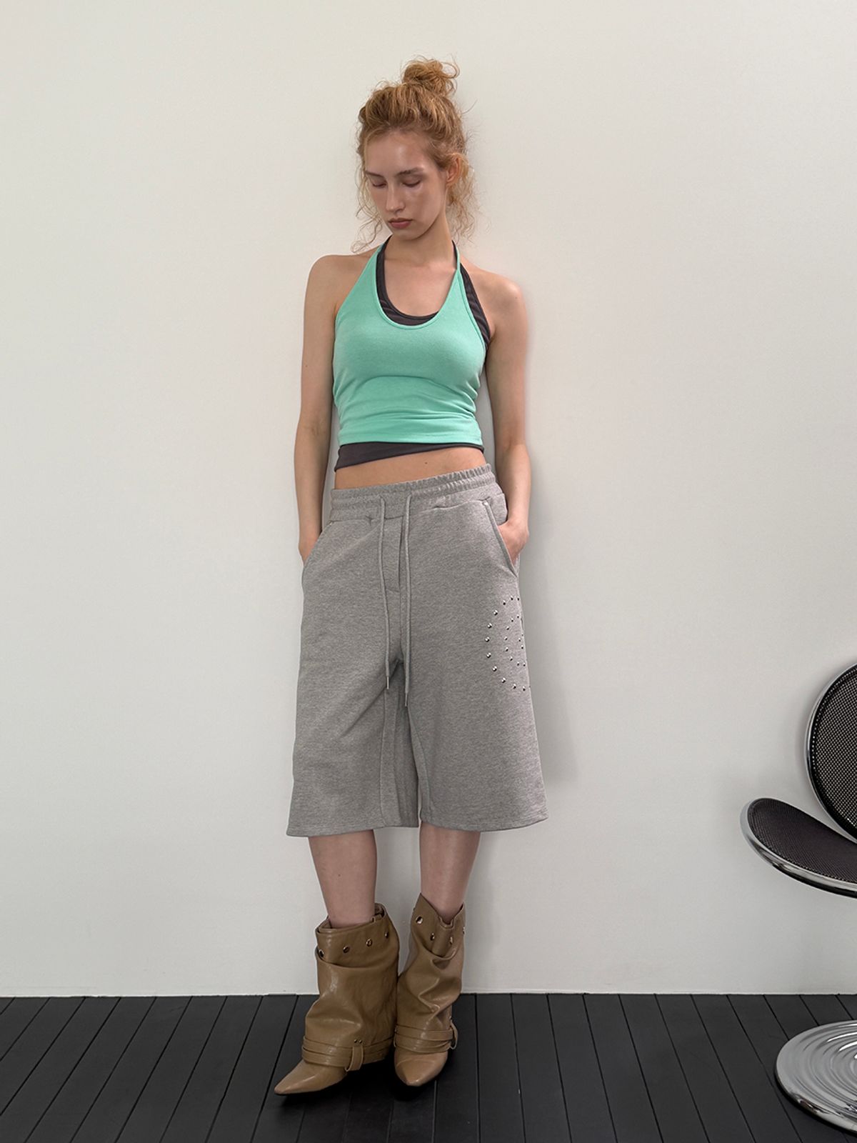 아수라(ASURA) STUD JERSEY BERMUDA PANTS (MELANGE GREY)