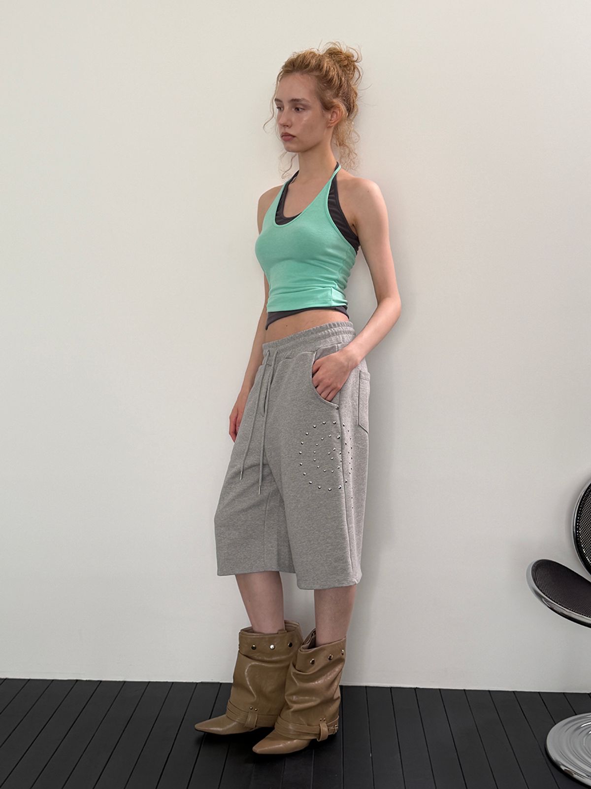 아수라(ASURA) STUD JERSEY BERMUDA PANTS (MELANGE GREY)