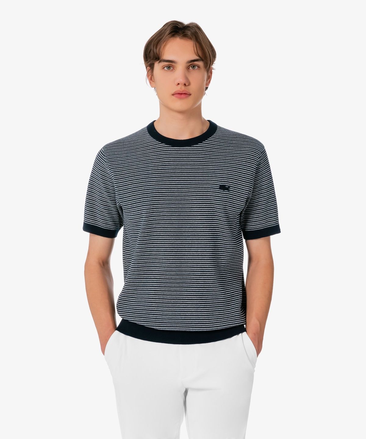 라코스테(LACOSTE) 남성 멀티 스트라이프 반팔 크루넥 풀오버 AH307E-56G 350