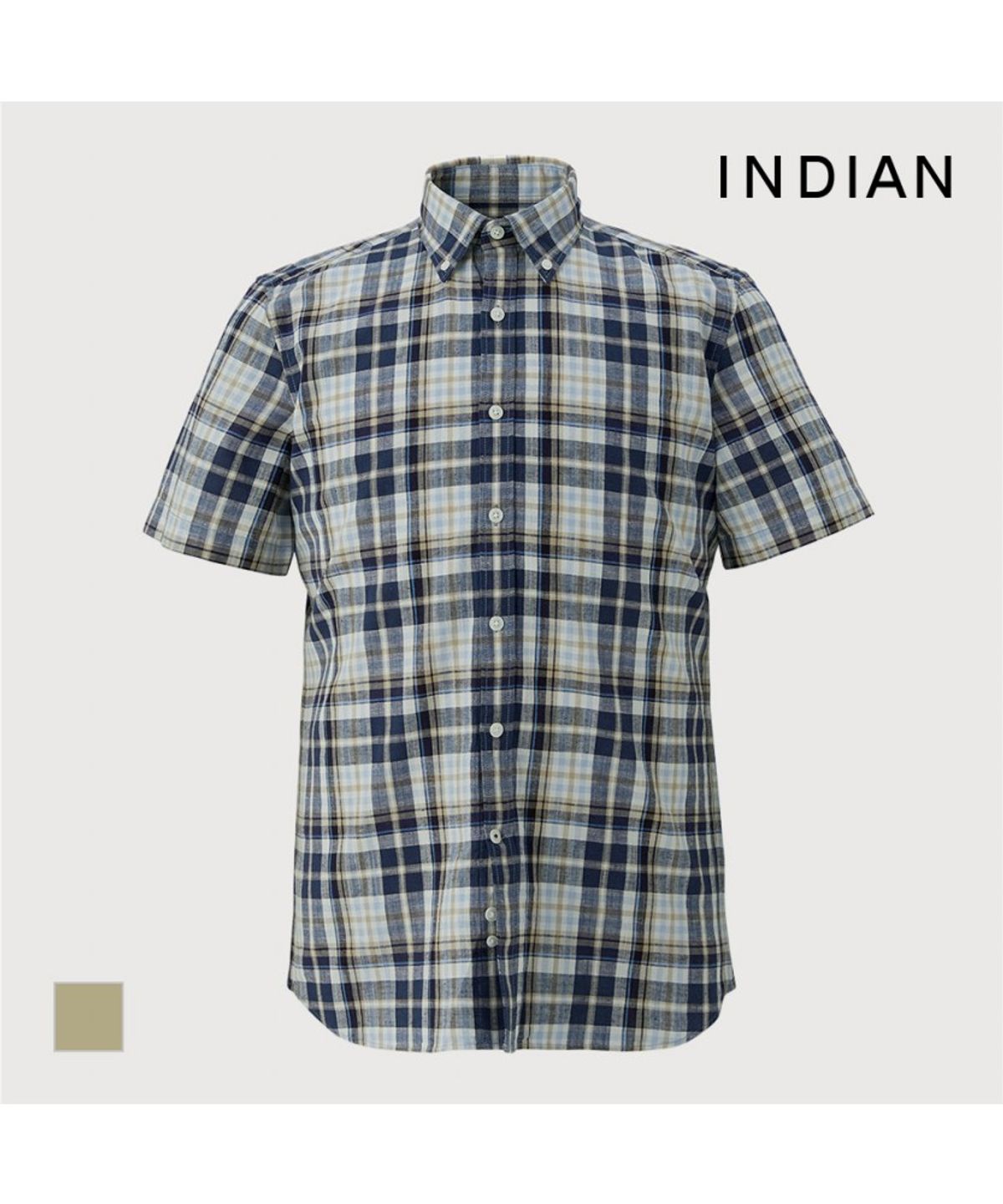 인디안(INDIAN) 린넨블랜드 미디움체크 반팔셔츠_MIUNSYM3261