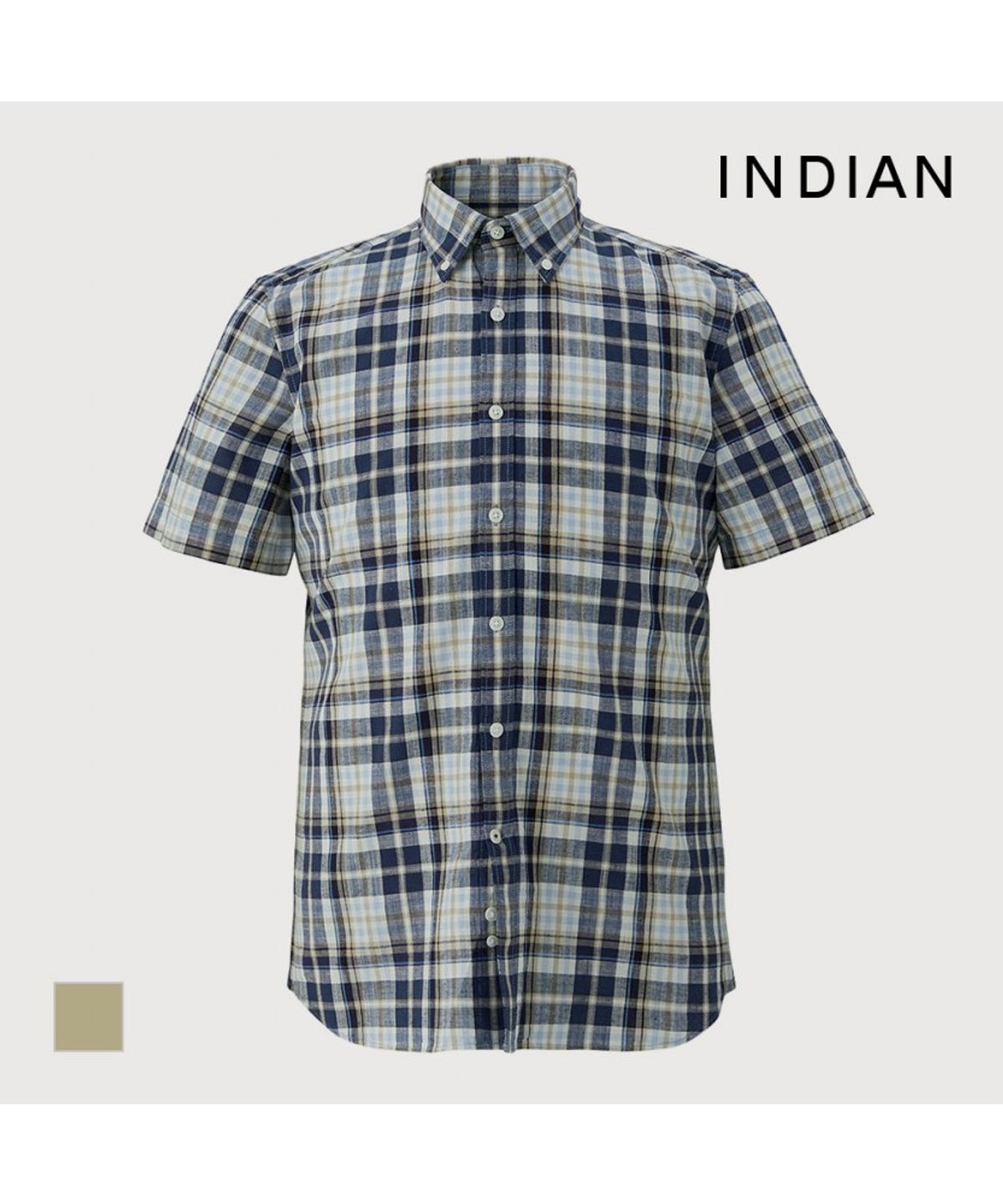 인디안(INDIAN) 린넨블랜드 미디움체크 반팔셔츠_MIUNSYM3261
