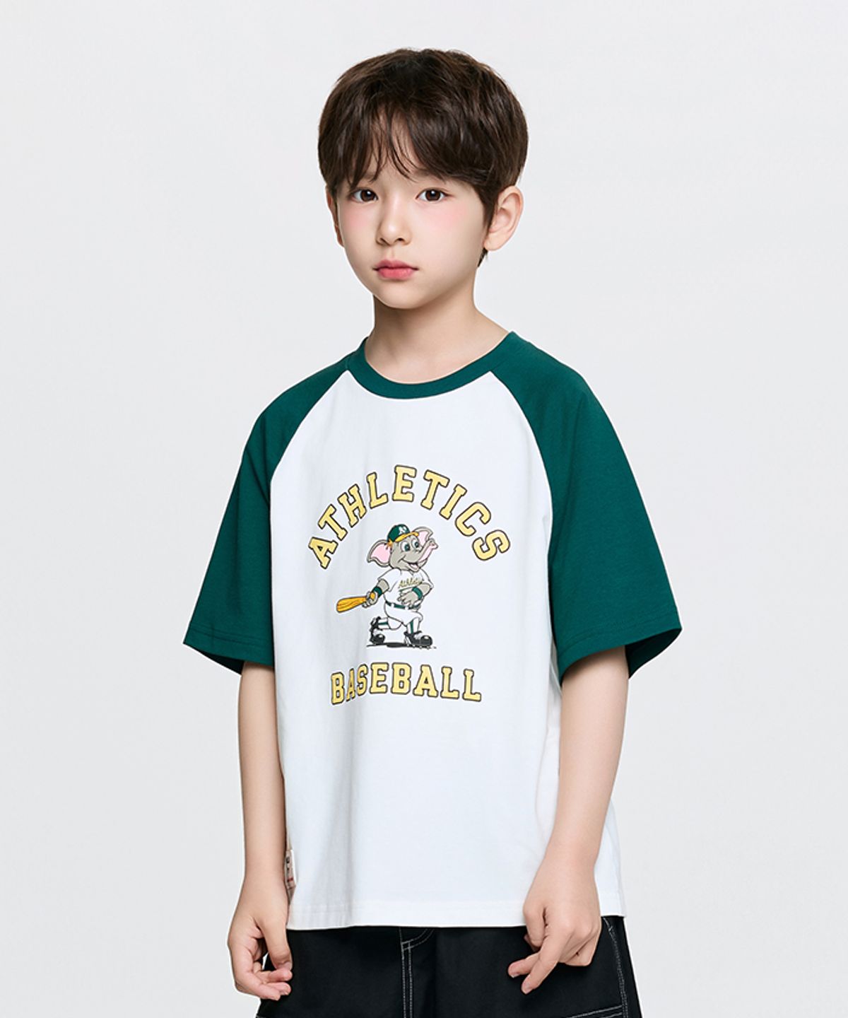 엠엘비 키즈(MLB KIDS) 스포티브 마스코트 배색 래글런 티셔츠 OAK (Green)