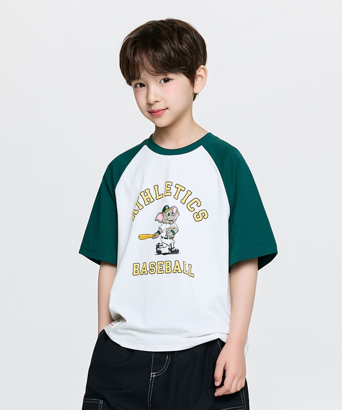 엠엘비 키즈(MLB KIDS) 스포티브 마스코트 배색 래글런 티셔츠 OAK (Green)