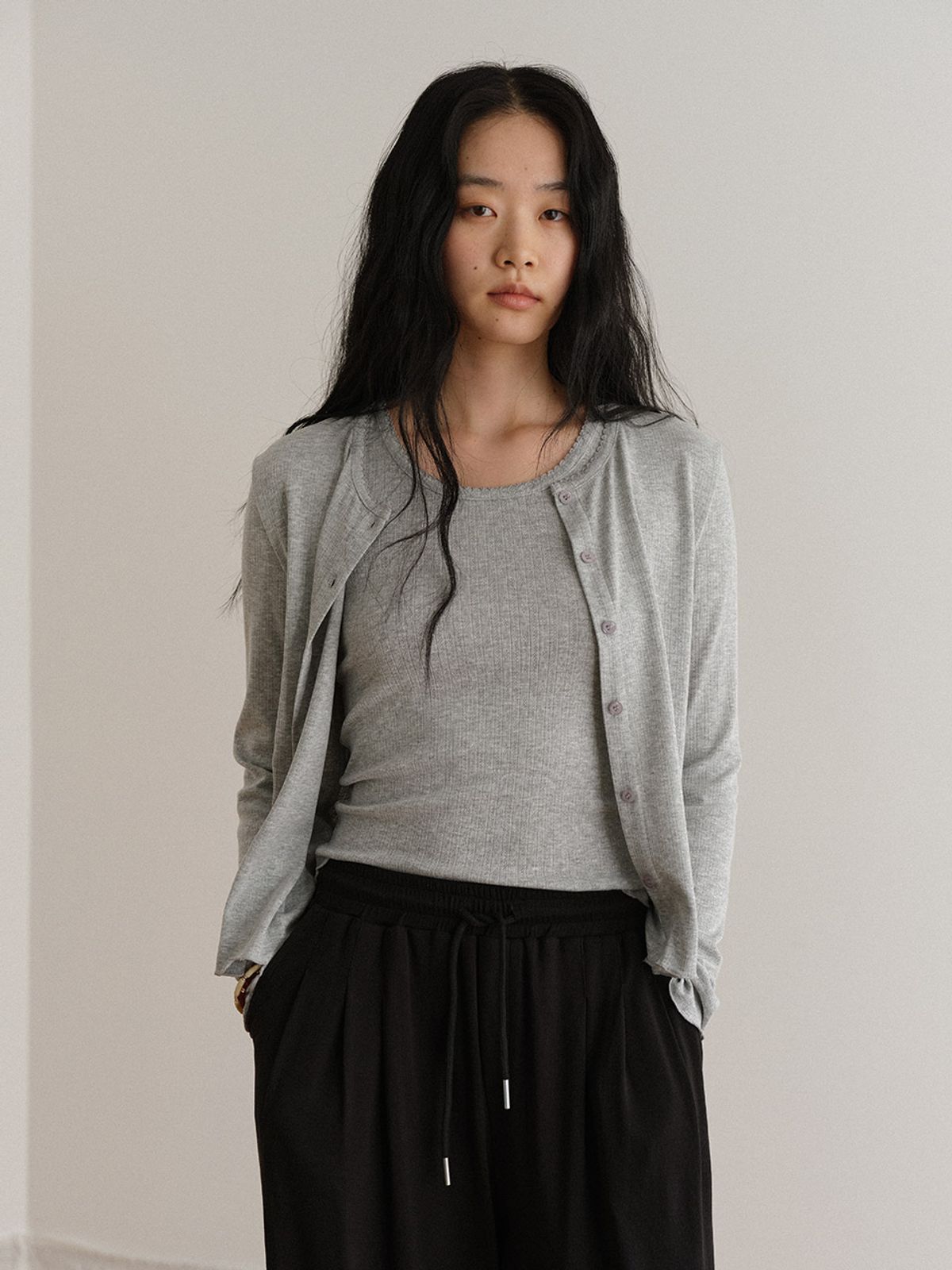 헌치(HUNCH) Pointelle Cardigan & Sleeveless Set (2color)