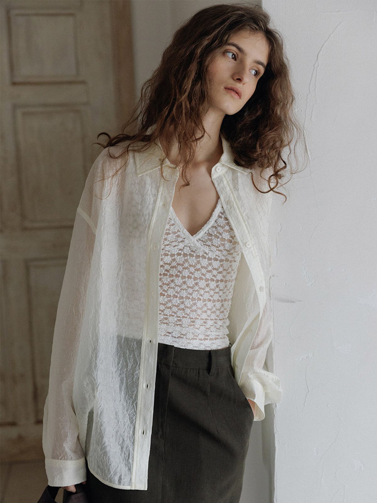 헌치(HUNCH) Sheer Crinkle Overfit Shirt (3color)