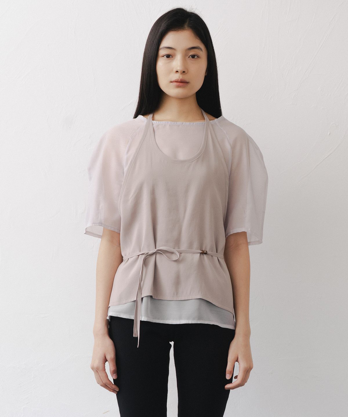 애프터글로울(AFTERGLOWOOL) Sheer Half Sleeve Blouse-Grey