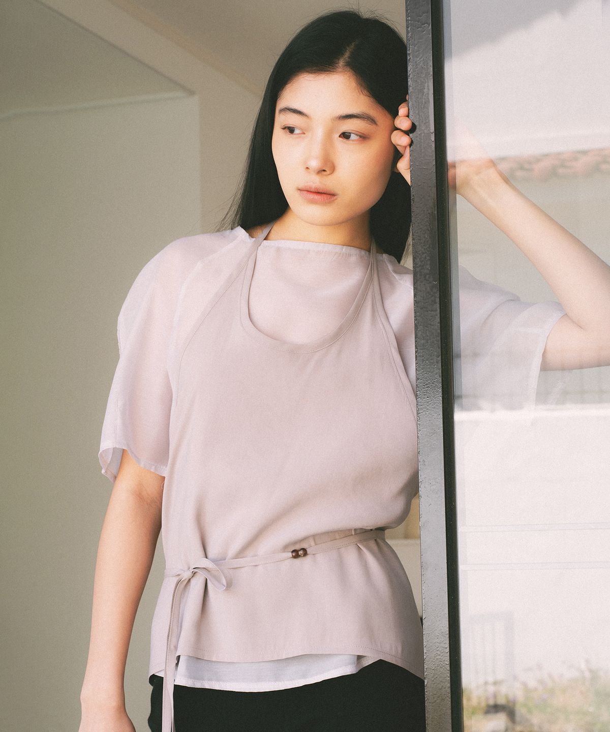 애프터글로울(AFTERGLOWOOL) Sheer Half Sleeve Blouse-Grey