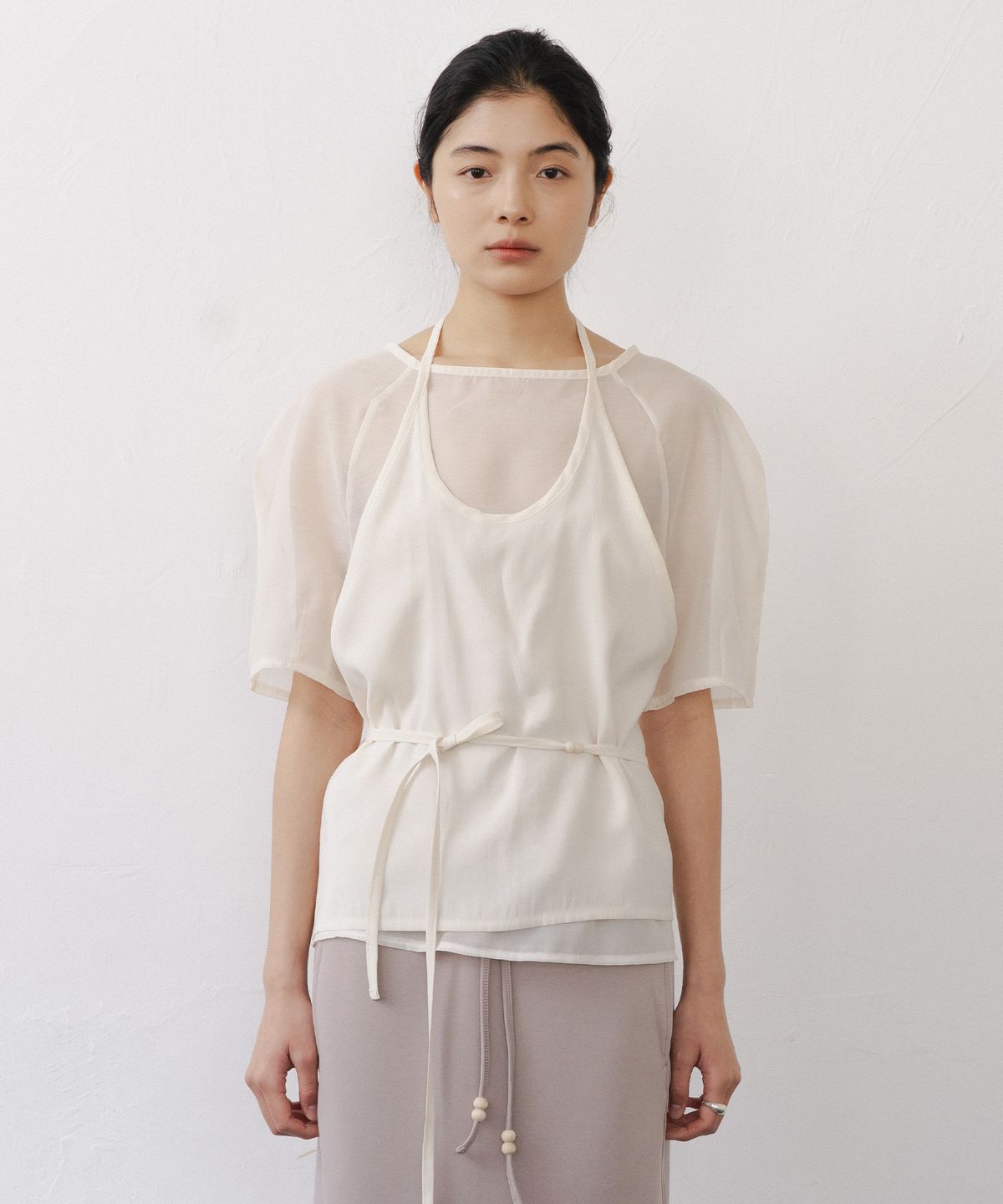애프터글로울(AFTERGLOWOOL) Sheer Half Sleeve Blouse-Ivory