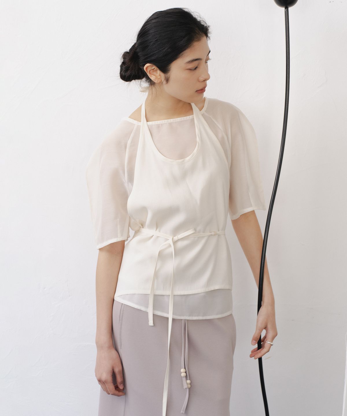 애프터글로울(AFTERGLOWOOL) Sheer Half Sleeve Blouse-Ivory
