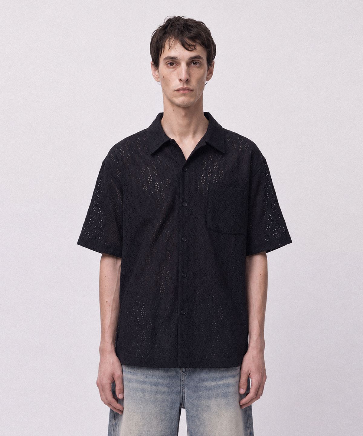 조질롱(JOJILONG) JN163 Wave Texture Air Half Shirt - BLACK