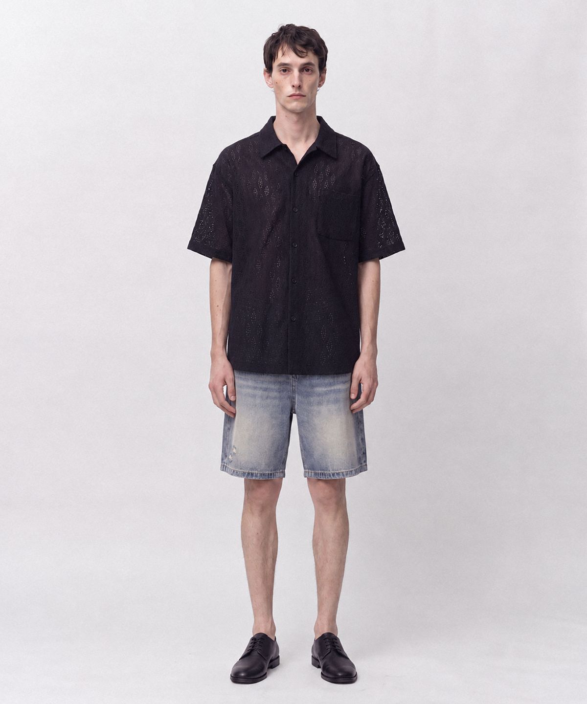 조질롱(JOJILONG) JN163 Wave Texture Air Half Shirt - BLACK