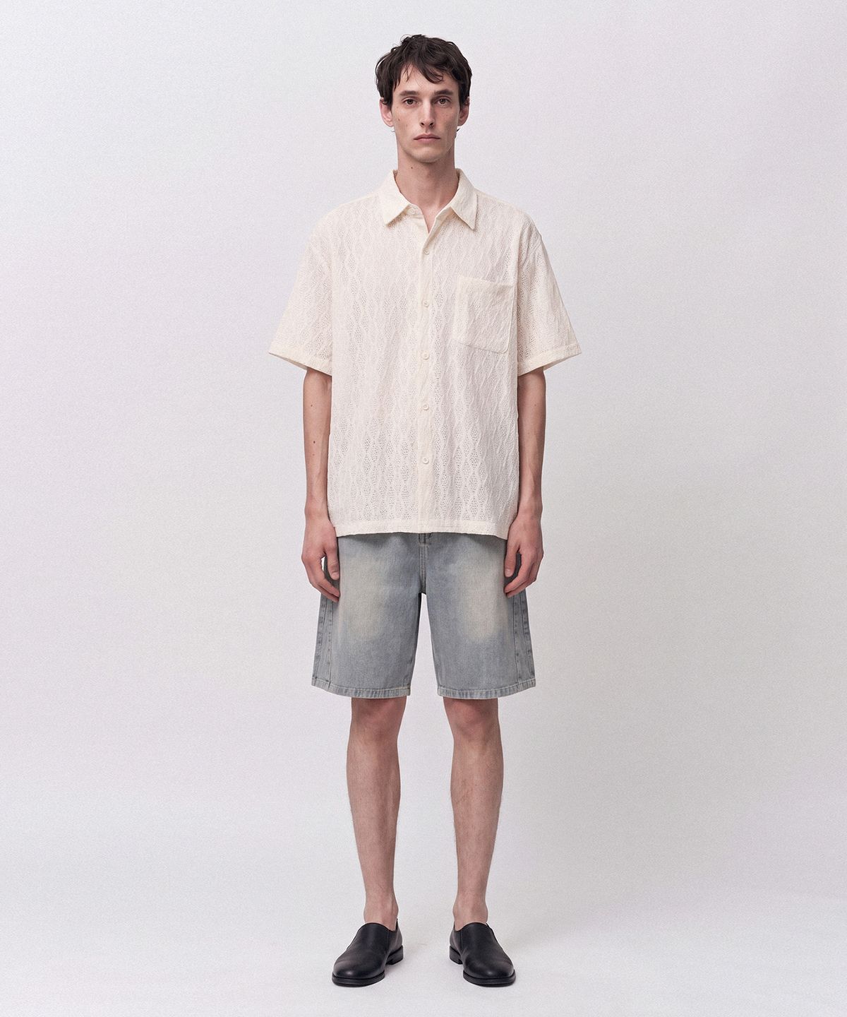 조질롱(JOJILONG) JN163 Wave Texture Air Half Shirt - CREAM