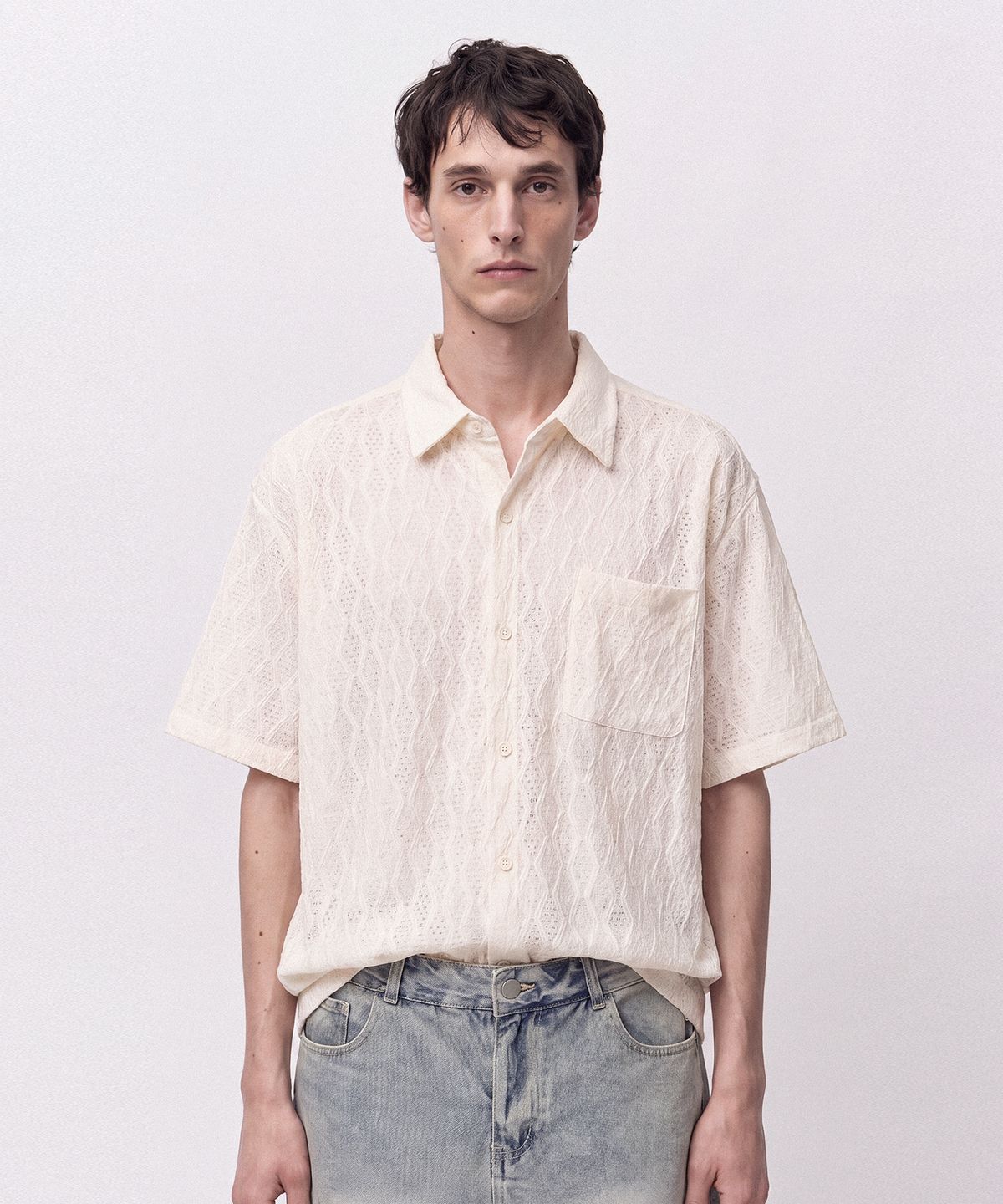 조질롱(JOJILONG) JN163 Wave Texture Air Half Shirt - CREAM