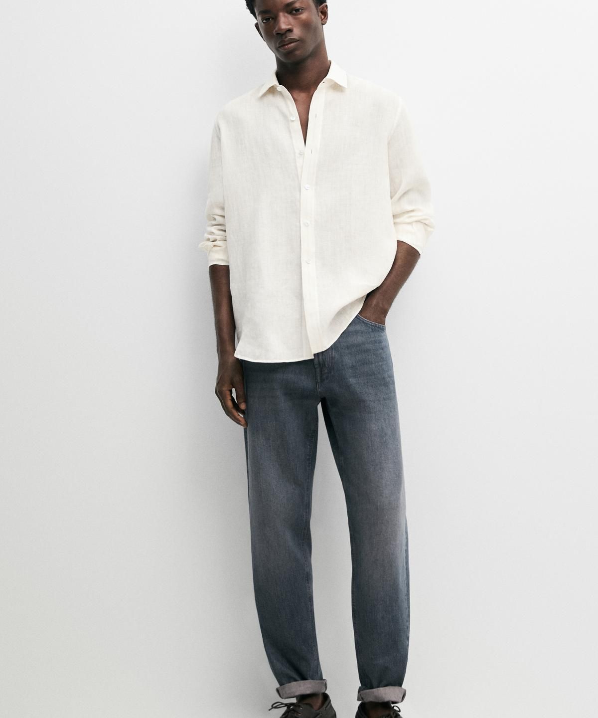 마시모두띠(MASSIMO DUTTI) 100% 린넨 레귤러 핏 스트라이프 셔츠