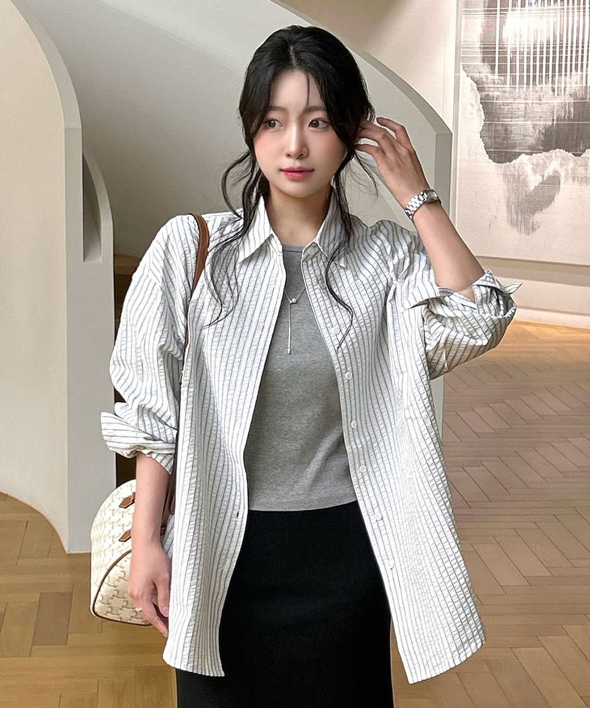 레프트서울(LEFTSEOUL) 시어서커 오버핏 스트라이프 셔츠 [그레이]