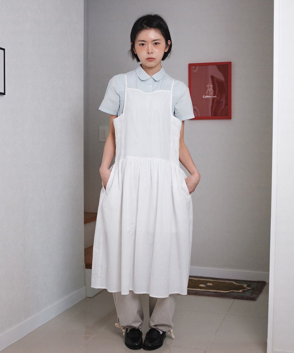 코튼벨(COTTON BELL) 시어서커 스모크 원피스 - White