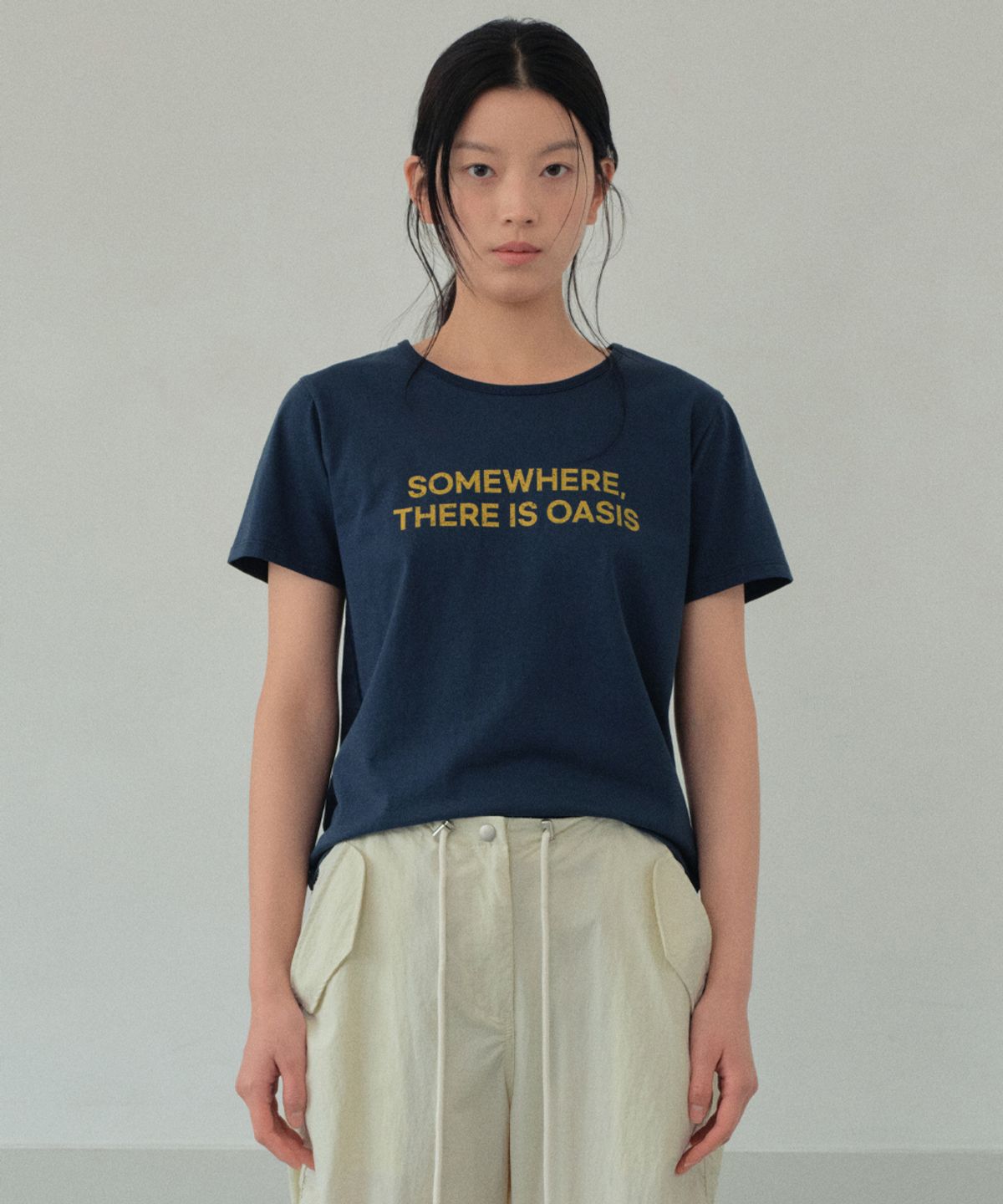 웬즈데이오아시스 포 우먼(WEDNESDAYOASISFORWOMEN) 썸웨어 실켓 하프 티셔츠_NAVY(WB6TP34)