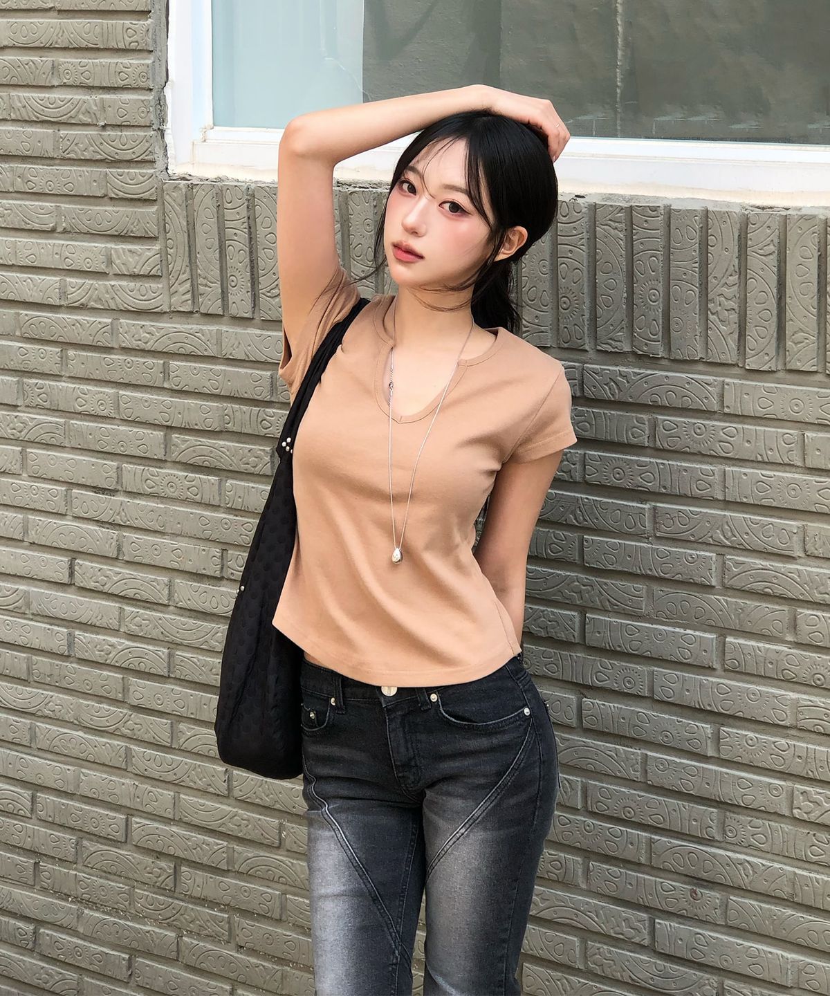 큐리티(CURETTY) C 90S LINE SLIT NECK HALF-SLEEVE T-SHIRT_CAMEL