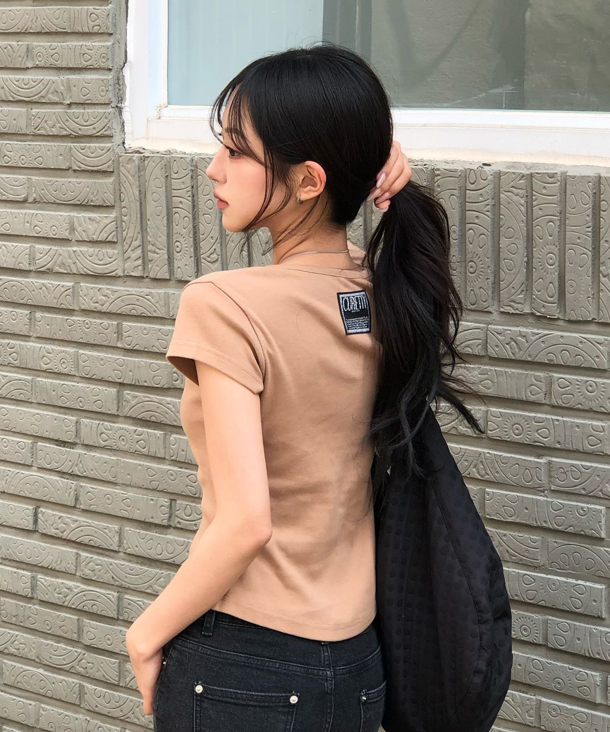 큐리티(CURETTY) C 90S LINE SLIT NECK HALF-SLEEVE T-SHIRT_CAMEL