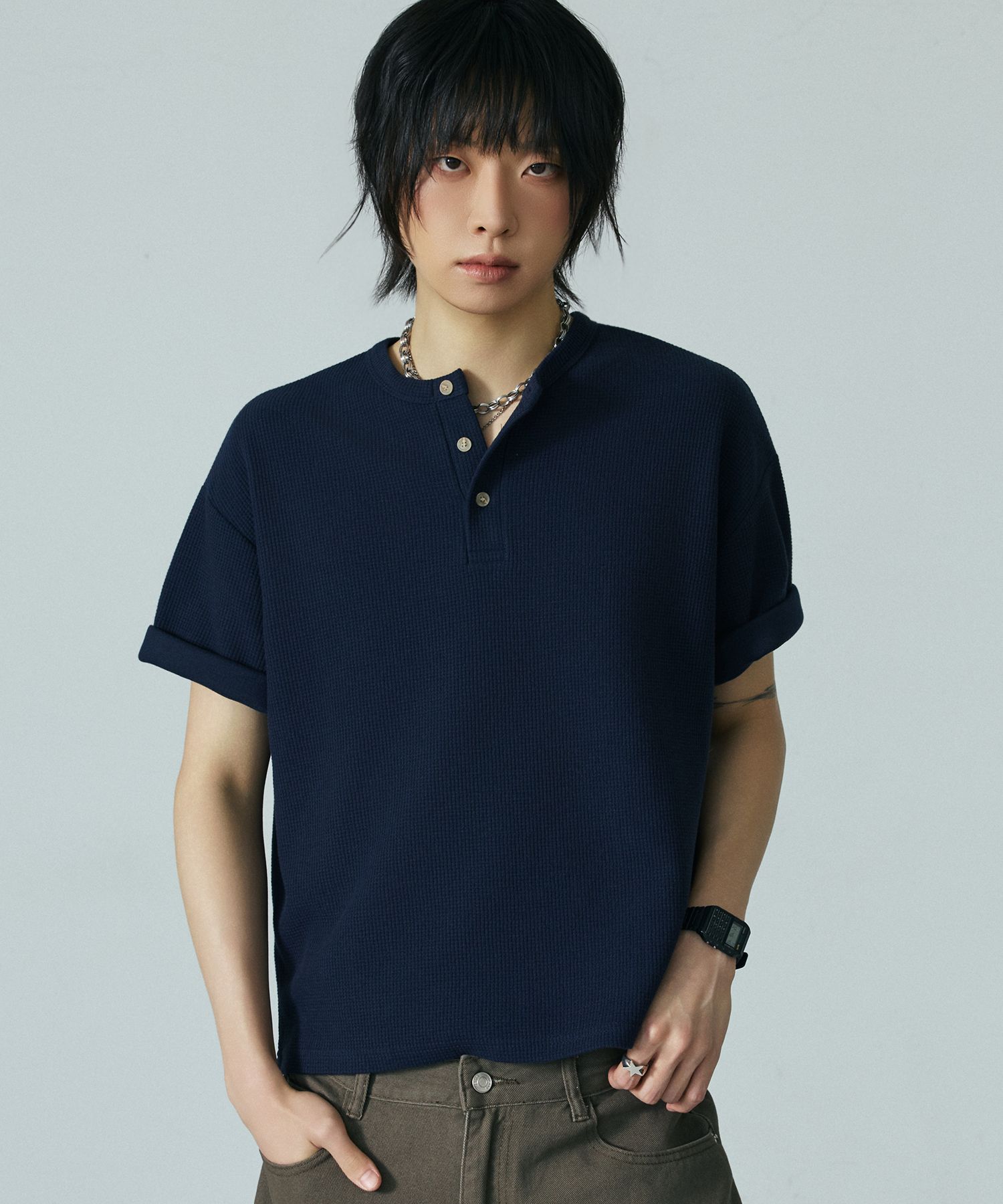 MUSINSA公式 | LXT ワッフルヘンリーネッククロップ半袖Tシャツ[ネイビー]