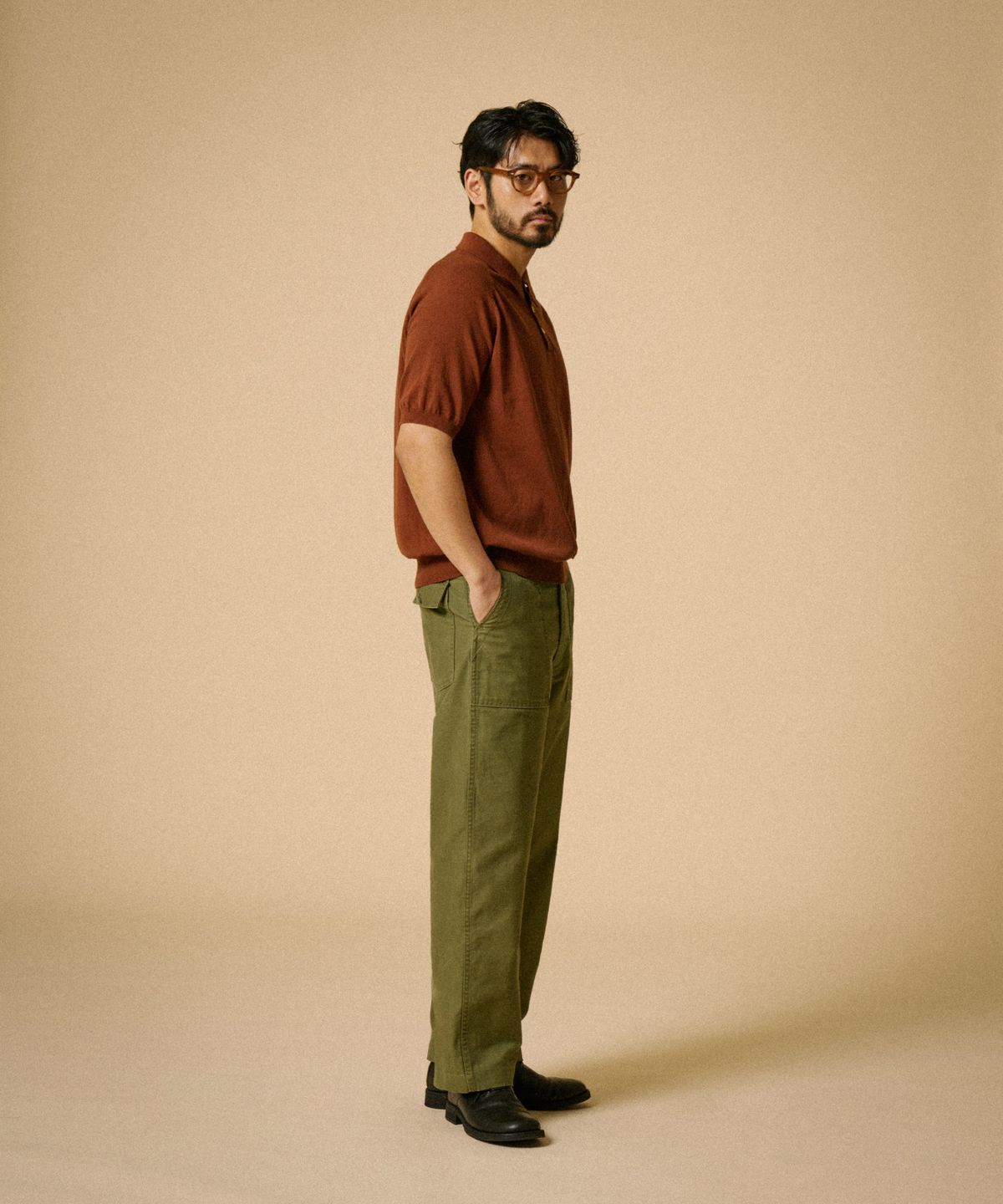 레드토네이도(RED TORNADO) Retro Knitted Polo Shirt Olive Green