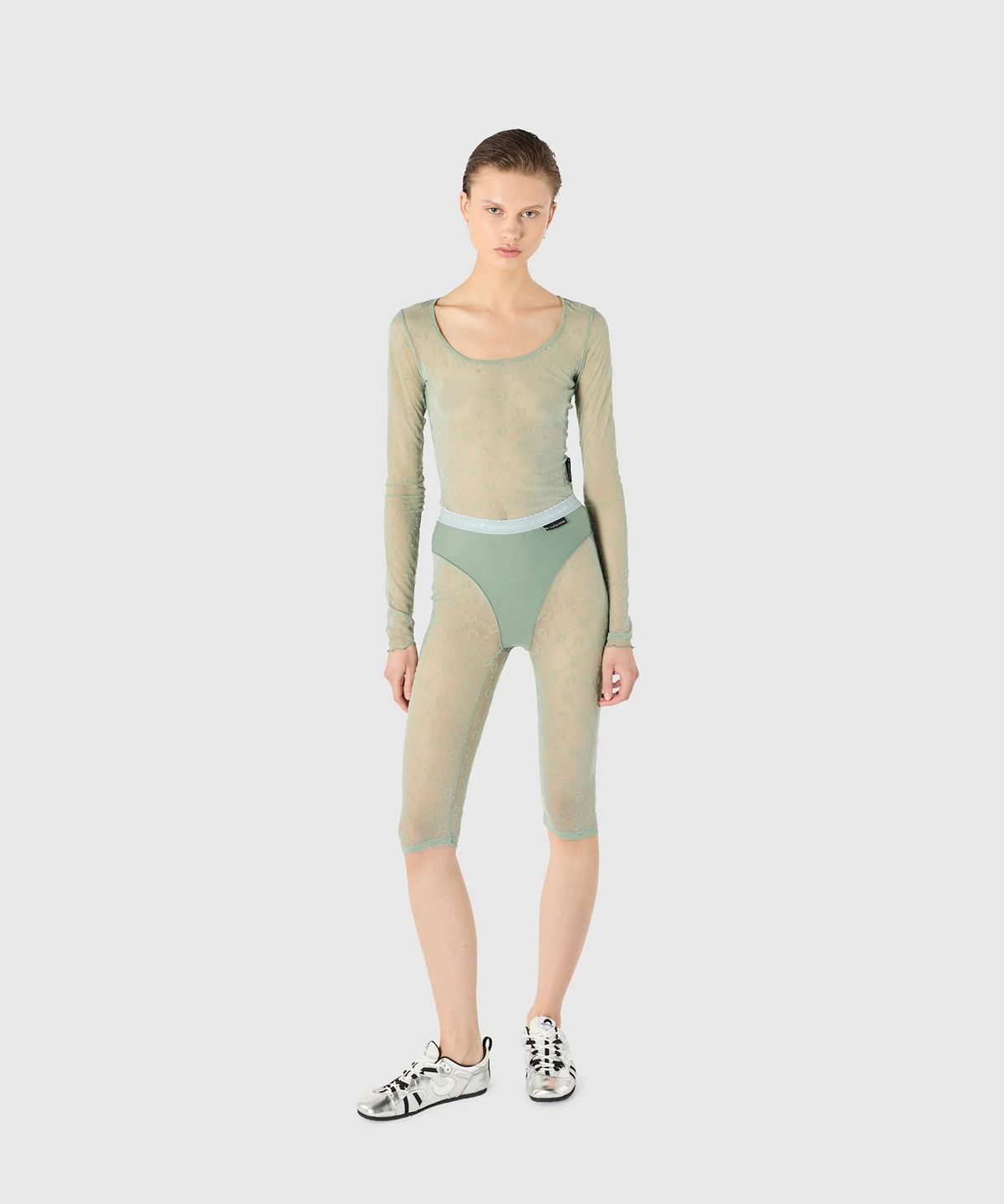 마린 세르(MARINE SERRE) (W) 무노그램 메쉬 플록 롱슬리브 라운드넥 탑 그린 그레이 MOONOGRAM MESH FLOCK LS ROUNDNECK TOP GR40 GREEN GREY
