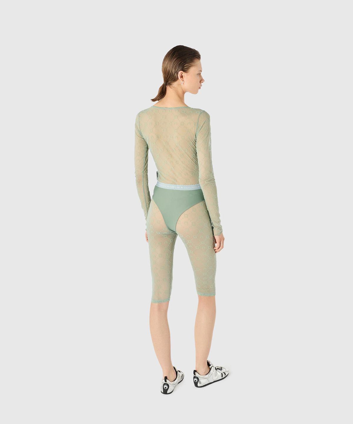 마린 세르(MARINE SERRE) (W) 무노그램 메쉬 플록 롱슬리브 라운드넥 탑 그린 그레이 MOONOGRAM MESH FLOCK LS ROUNDNECK TOP GR40 GREEN GREY