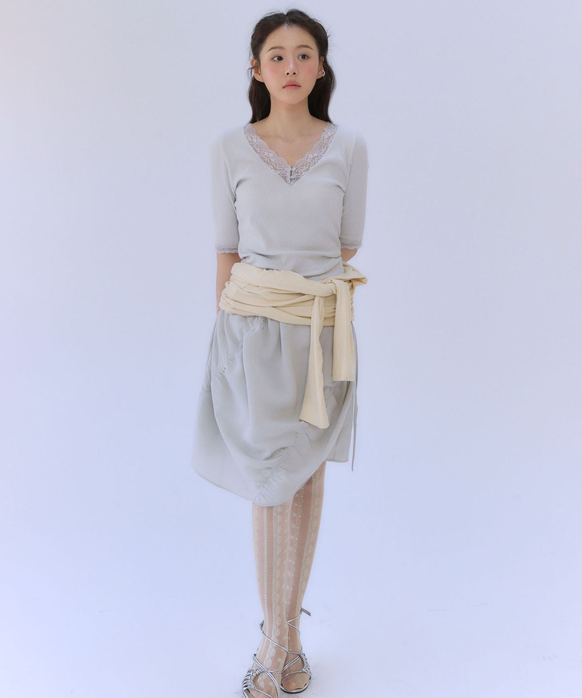 아우로(OURO) BANDING BALLOON MIDI SKIRT [ PALE BLUE ]