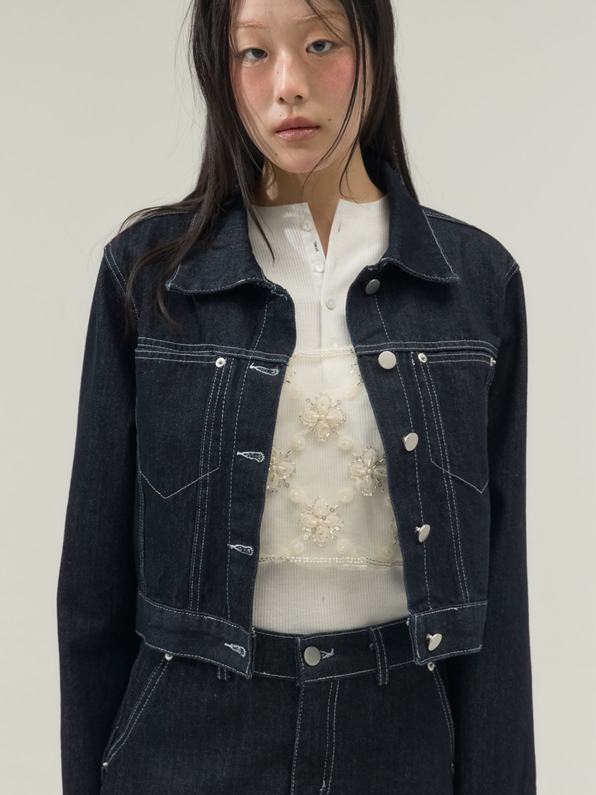 쏘리, 투 머치 러브(SORRY, TOO MUCH LOVE) Raw Edge Structured Denim Setup_Navy