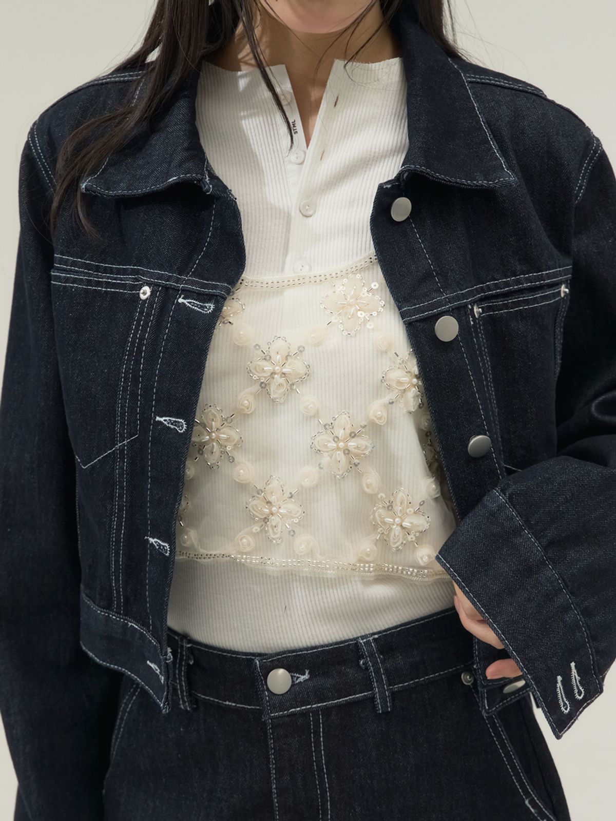 쏘리, 투 머치 러브(SORRY, TOO MUCH LOVE) Raw Edge Structured Denim Setup_Navy