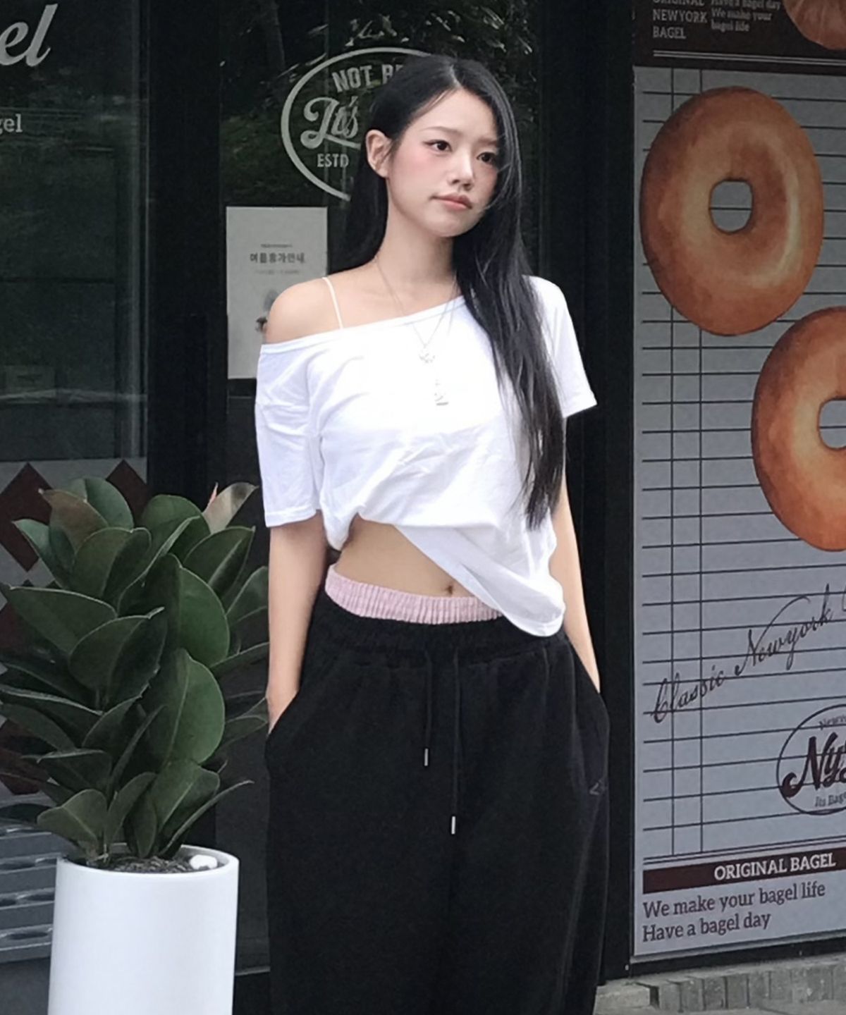 슬릭글로우(SLEEKGLOW) 러브 이모지 체크 레이어드 스웨트 팬츠[블랙]
