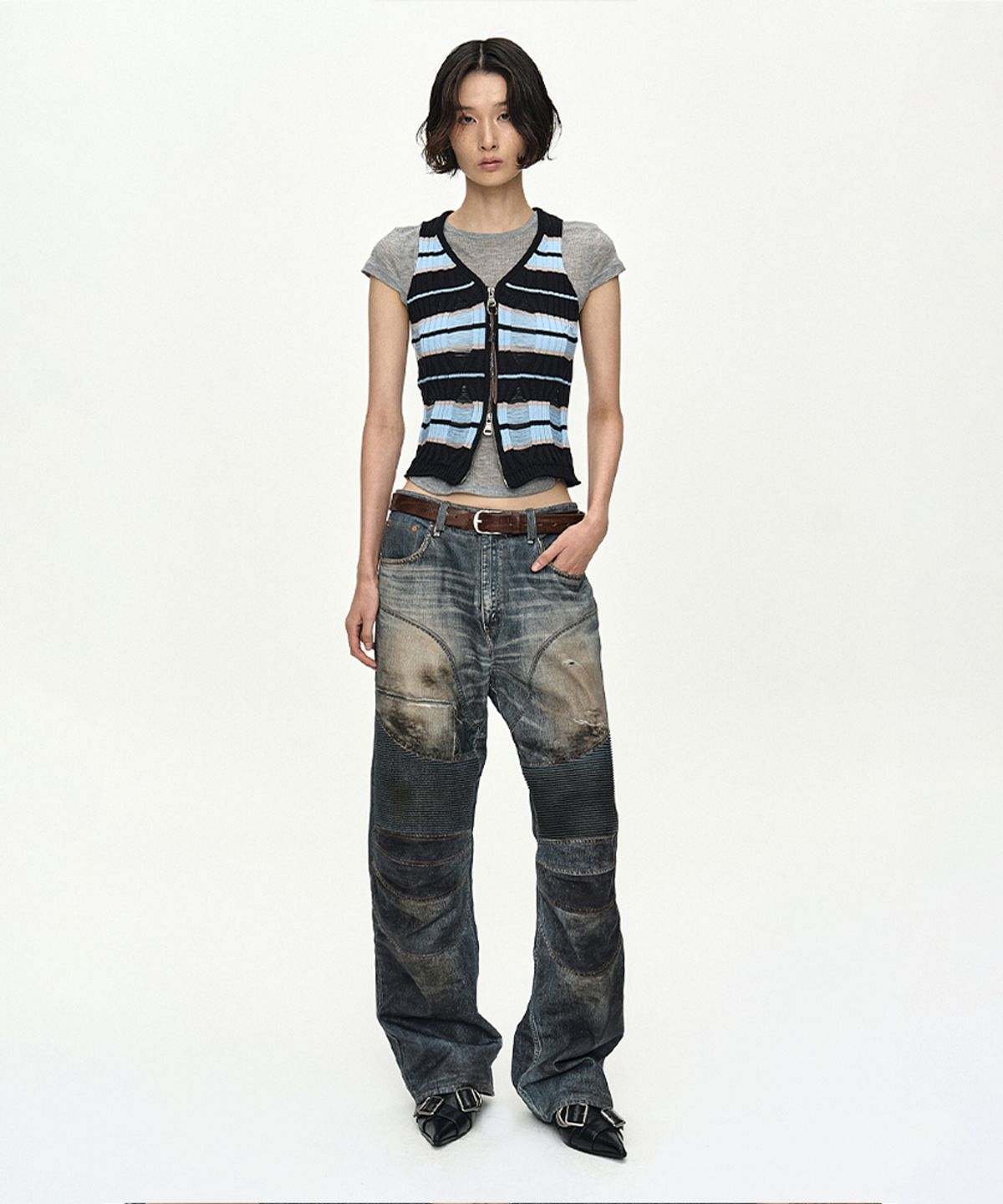 앤더슨벨(ADSB ANDERSSON BELL) STRIPE OPEN KNIT VEST atb1582w(BLUE/BLACK)